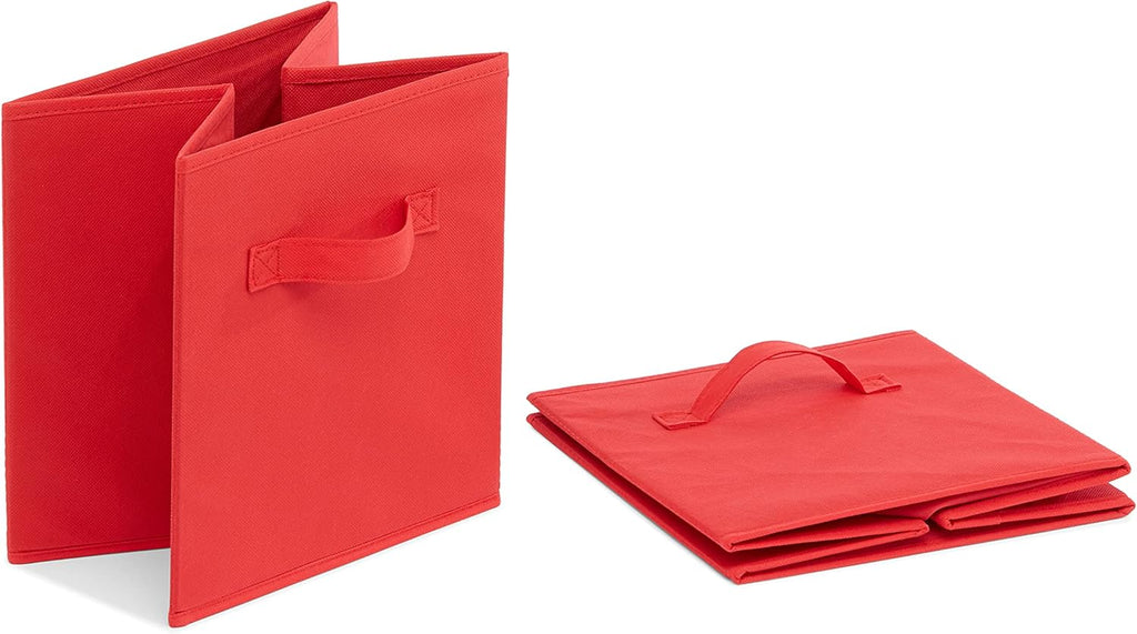 Amazon Basics Cube Organizer Storage Bins Handles, Collapsible Fabric, Pack of 30, 10.5"x10.5"x11", Red