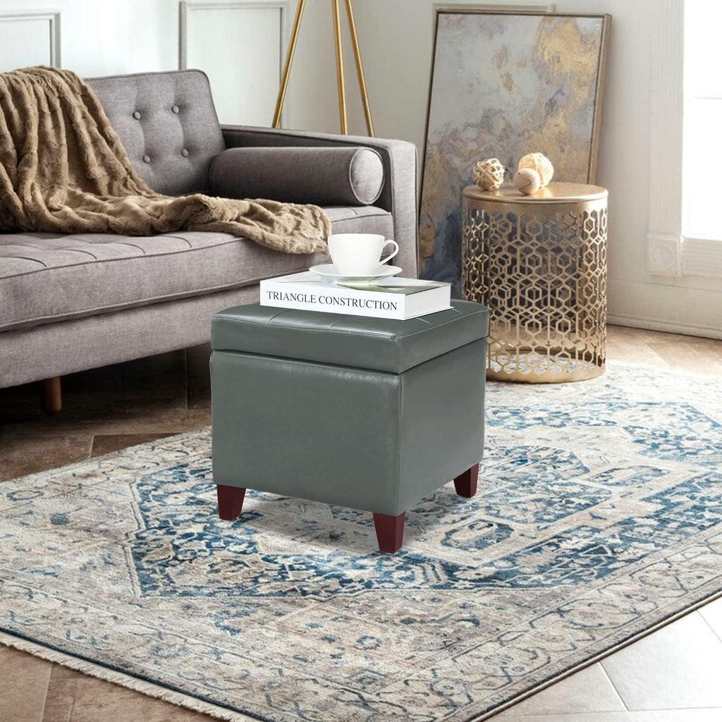 Adeco Bonded Leather Square Tufted Cubic Cube Footstool, 18" Height Storage Ottomans, with Lid, Cement Grey