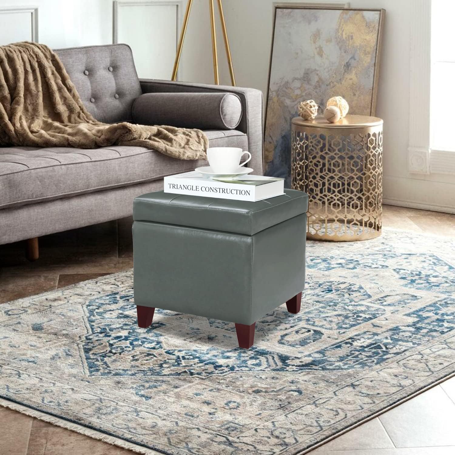 Adeco Bonded Leather Square Tufted Cubic Cube Footstool, 18" Height Storage Ottomans, with Lid, Cement Grey
