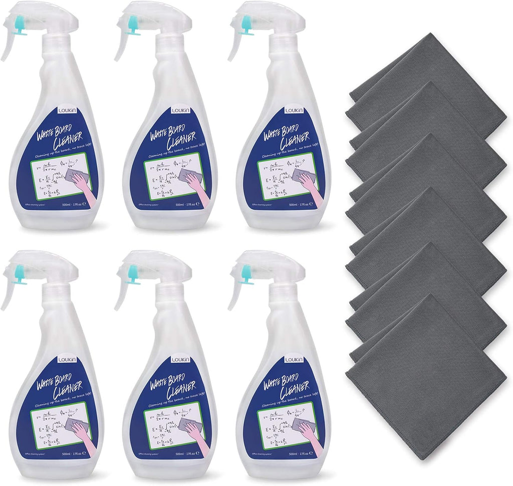 loukin Non-Toxic Whiteboard Cleaner, 17 fl oz Dry Erase Board Cleaner, Low-Odor Whiteboard Cleaning Spray with Cloths, Removes Stubborn Marks from Whiteboards, Chalkboard (6-Pack)