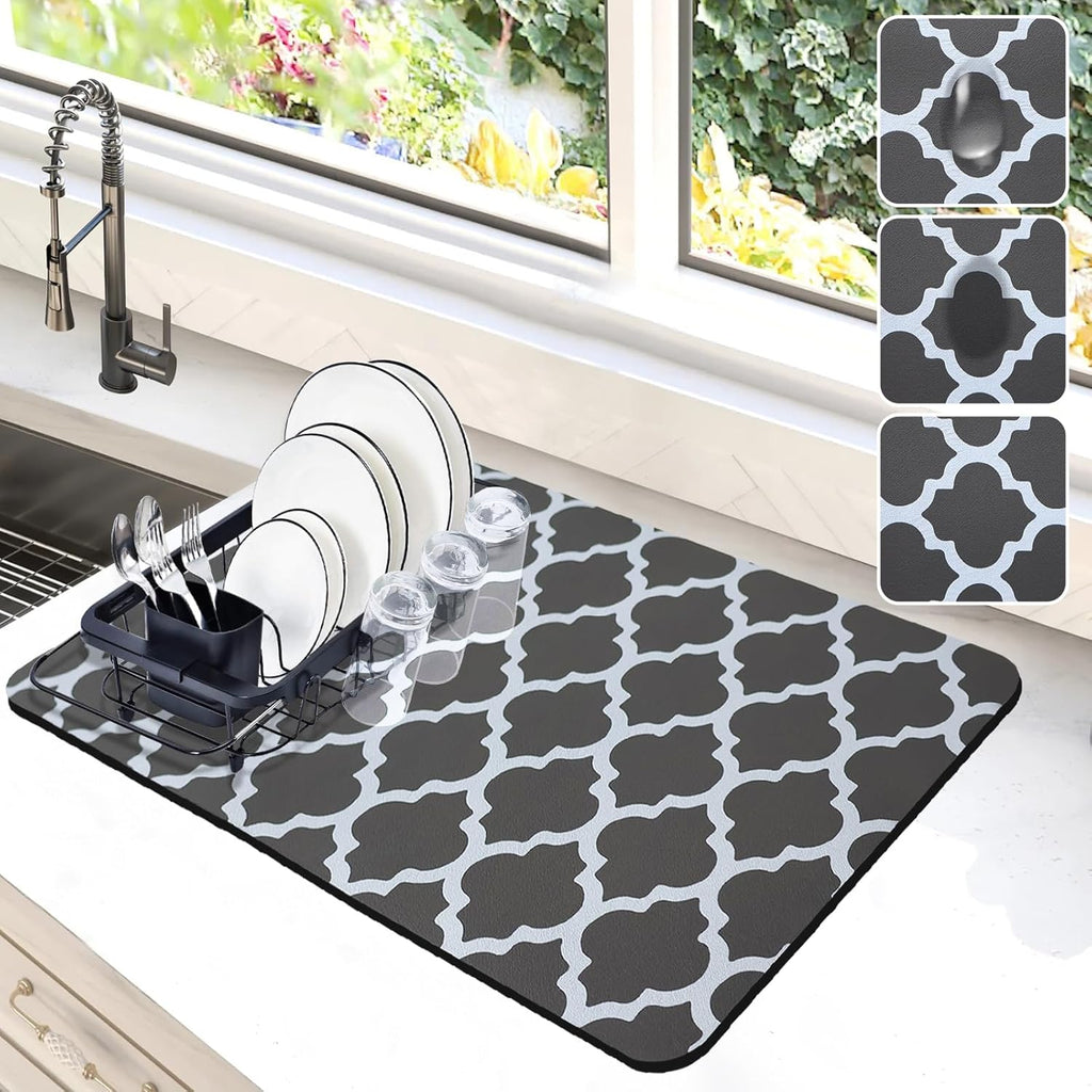 Dish Drying Mat for Kitchen Counter, 12"x19" Dish Drying Pad with Non-slip Rubber Backed, Hide Stain Anti Absorbent for Kitchen Counter, Drying Mat for Coffee Machine Dish Rack (Gray Trellis)