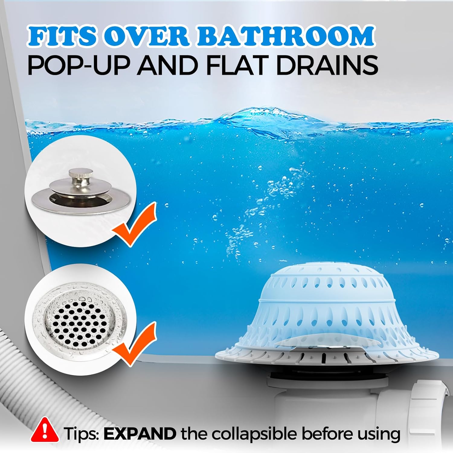 zaa 5 Pcs Bathtub & Shower Drain Hair Catcher, 2 Pack Silicone Collapsible Drain Protector and Drain Cover with 3 Snake Drain Clog Removers, for Pop-Up and Regular Drains of Tub, Shower, Bathroom