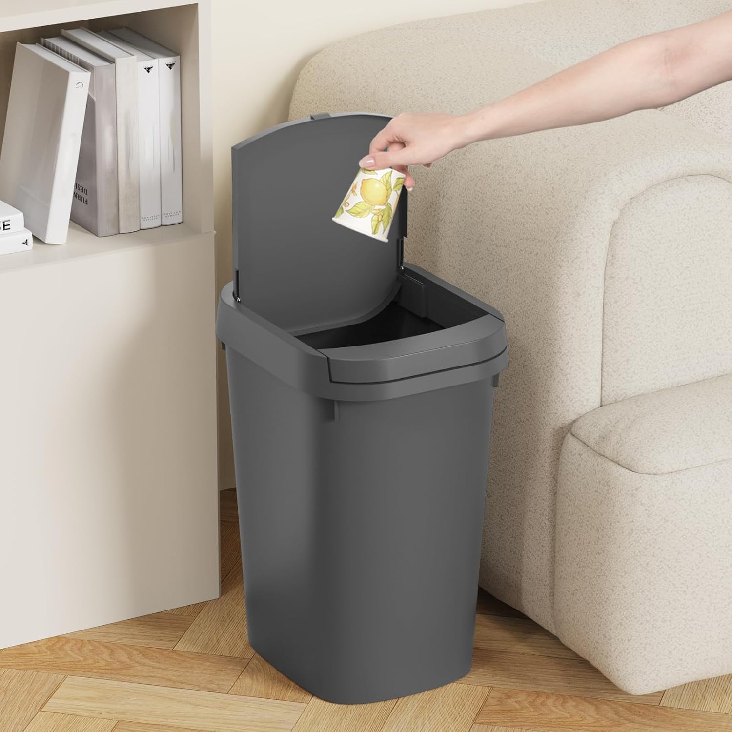 3 Pack Bathroom Small Trash Can with Lid, 2.6 Gallon Slim Garbage Bin with Pop-Up Lid, 10L Plastic Wastebasket for Bedroom, Office, Kitchen, Toilet (Gray)
