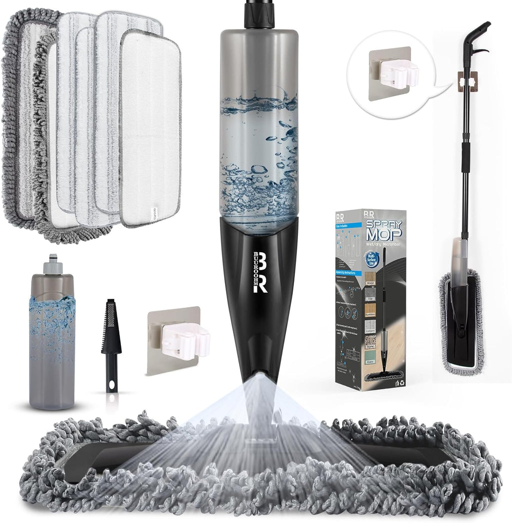 Microfiber Spray Mop for Floors Dry and Wet Mop with Dusting 360 Rotation for Kitchen, Hardwood, Laminate, Tile Floors Includes 6 Refill Heads, Scraper, Holder & Spray Bottle