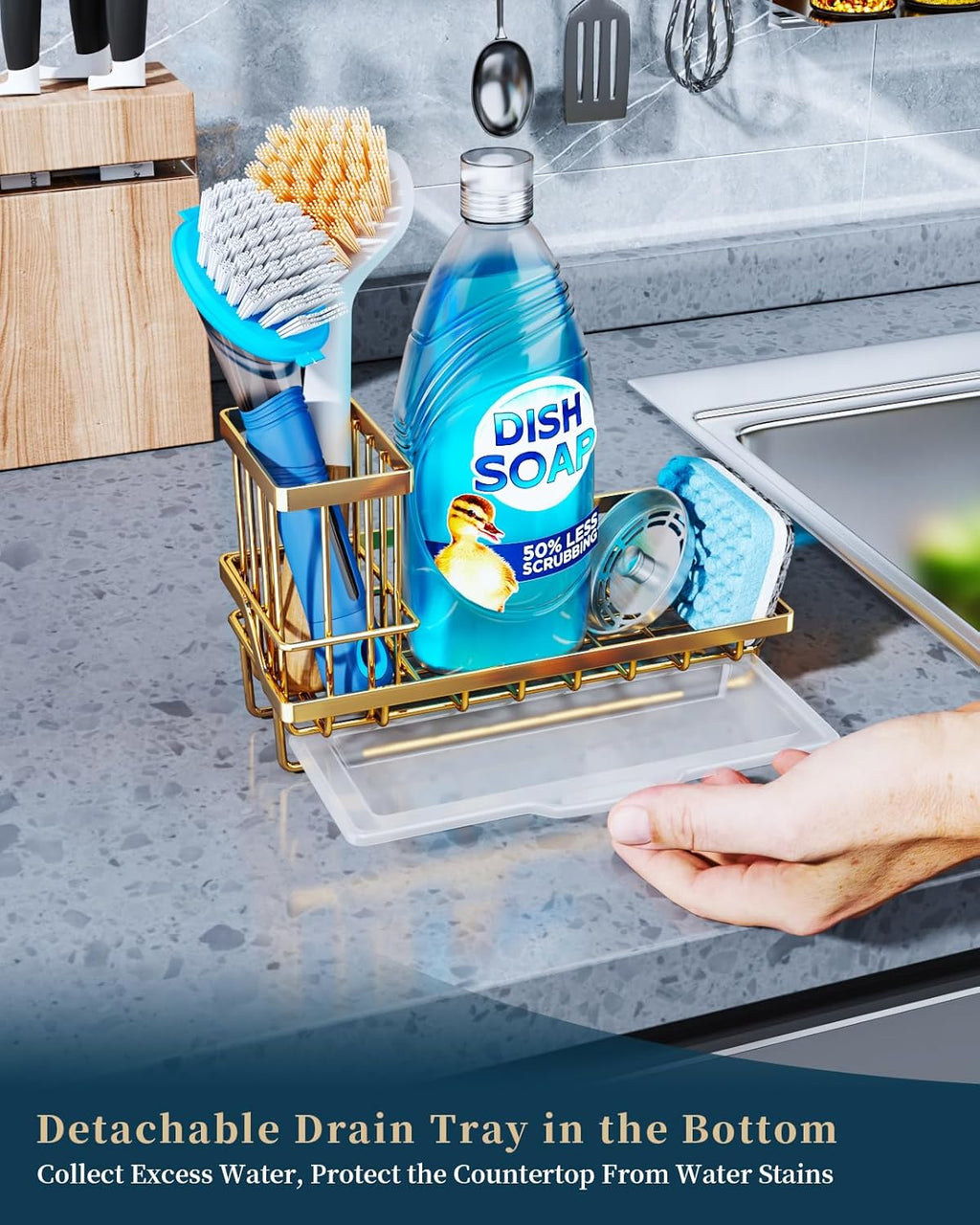 Consumest Sink Caddy, Kitchen Sponge Holder with Dish Brush Holder, Kitchen Sink Organizer with Drip Tray for Countertop, Stainless Steel Rustproof - Gold