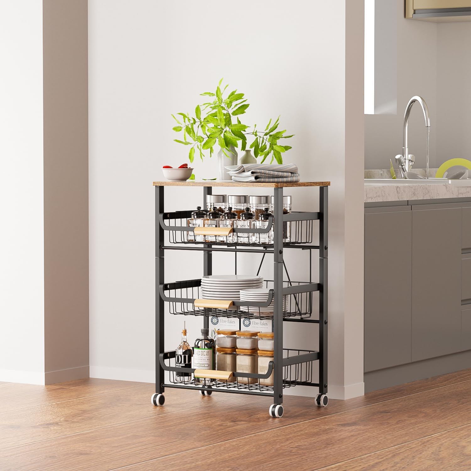 4-Layer Fruit Basket Kitchen Food Organizer and Rack, Stackable Storage Cart with Desktop, Pull-Out Hollow Metal Basket, Sliding Out Storage (Black 4-Layer Rack)
