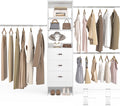 96'' Closet Organizer System with 3 Hanging Rods (Without 3 Storage Shelves), 8FT Closet Systems, Wall Mount Bedroom Wardrobe with 3 Wood Drawers, Adjustable Garment Rack from 5 to 8FT, White