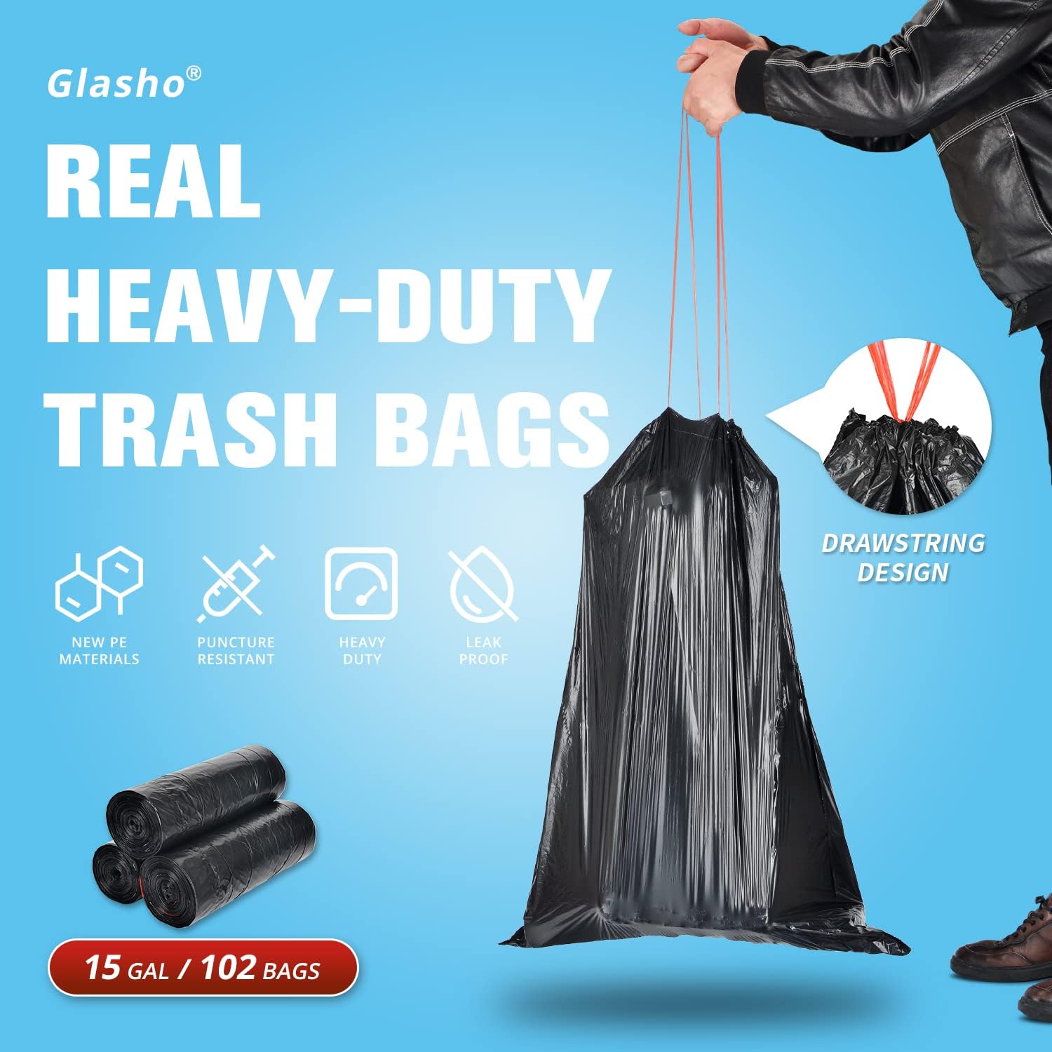 Ultra Strong 15 Gallon Drawstring Trash Bags (102 Count) Large Heavy Duty Thicken Plastic Tall Kitchen Garbage Bags Black for Kitchen Office Lawn Yard