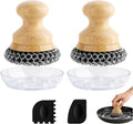 Cast Iron Scrubber and Scraper,Chain Mail Cleaner with Bamboo Handle & Draining Tray,316 Stainless Steel Brush for Cleaning Pots,Pans,Wok,Bakeware,Griddles, Grills(Large Chain Mail,2pcs)