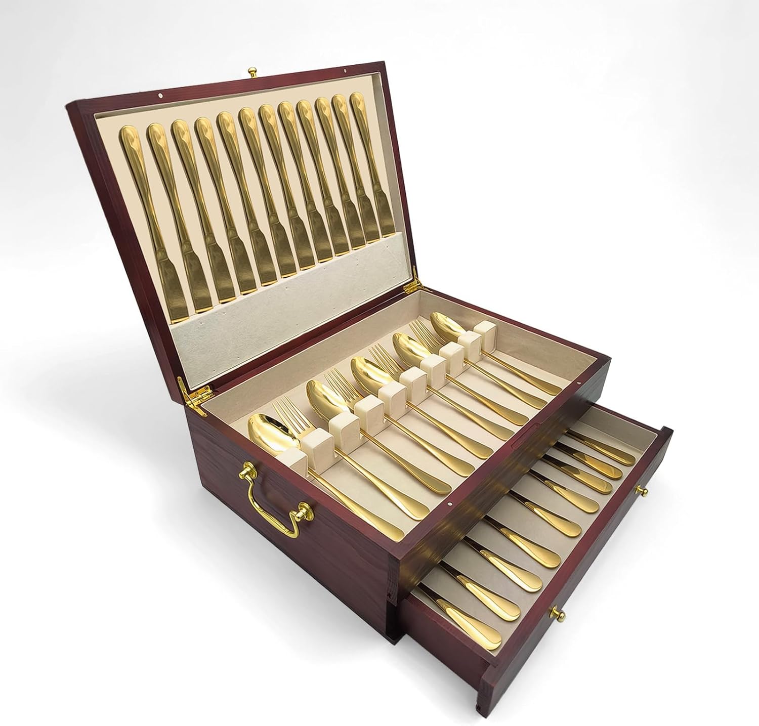 Silverware Storage Box, Kitchen Drawer Organizer, Drawer-containing flap-type storage box, Wood Chest, with Tarnish Proof Felt Lined, Storage Silver Chest for Kitchen (2 layer)