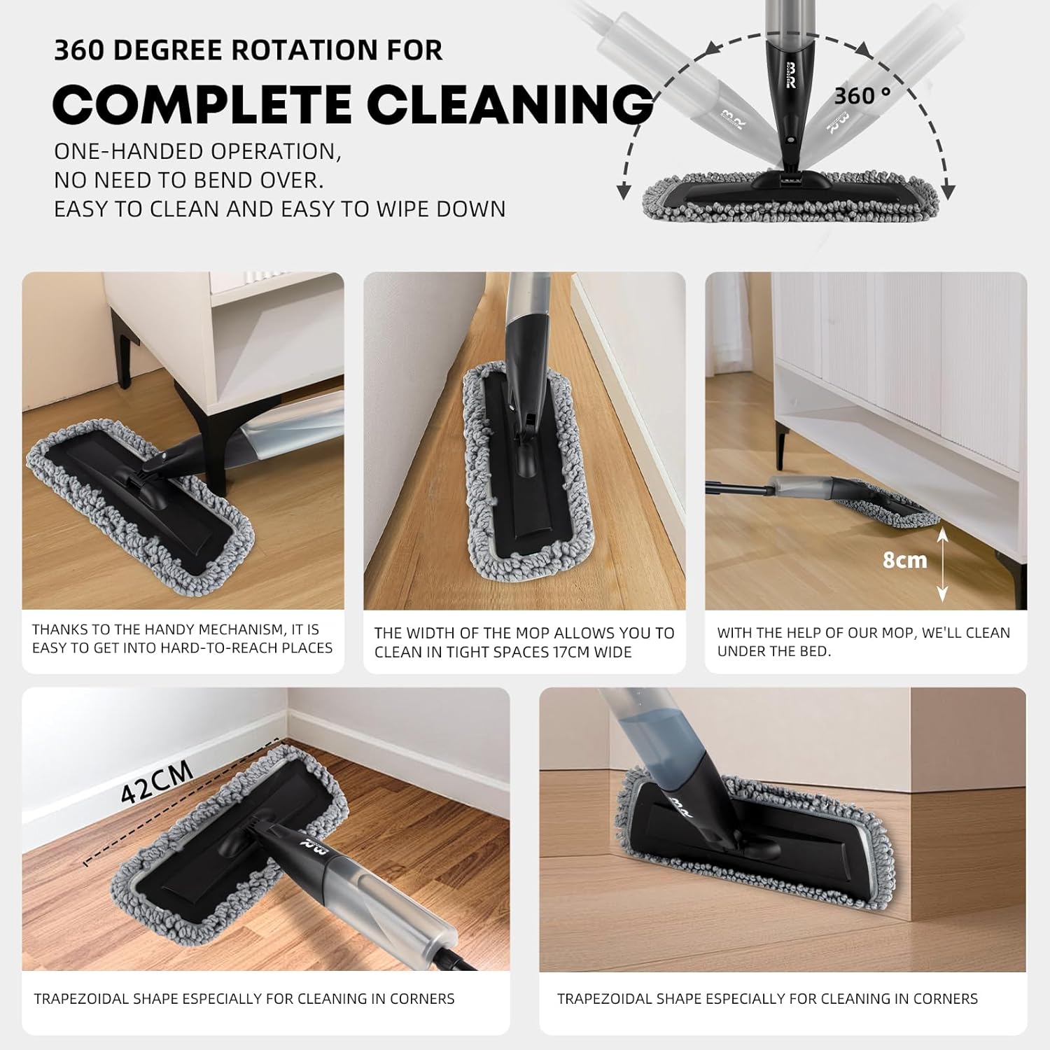 Microfiber Spray Mop for Floors Dry and Wet Mop with Dusting 360 Rotation for Kitchen, Hardwood, Laminate, Tile Floors Includes 3 Refill Heads, Scraper, Holder & Spray Bottle