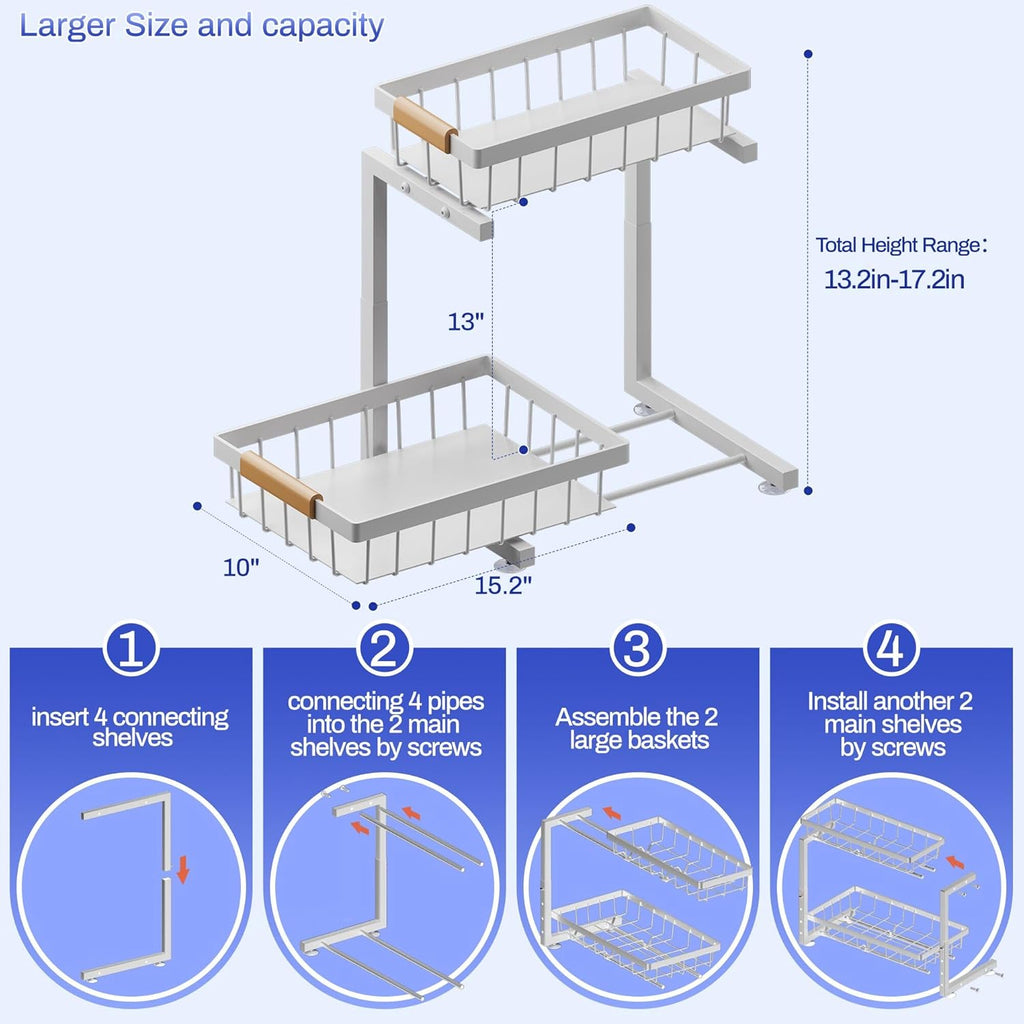 ADBIU Under Sink Organizer, 2 Pack 2 Tier Expandable Height (White, Large Size)