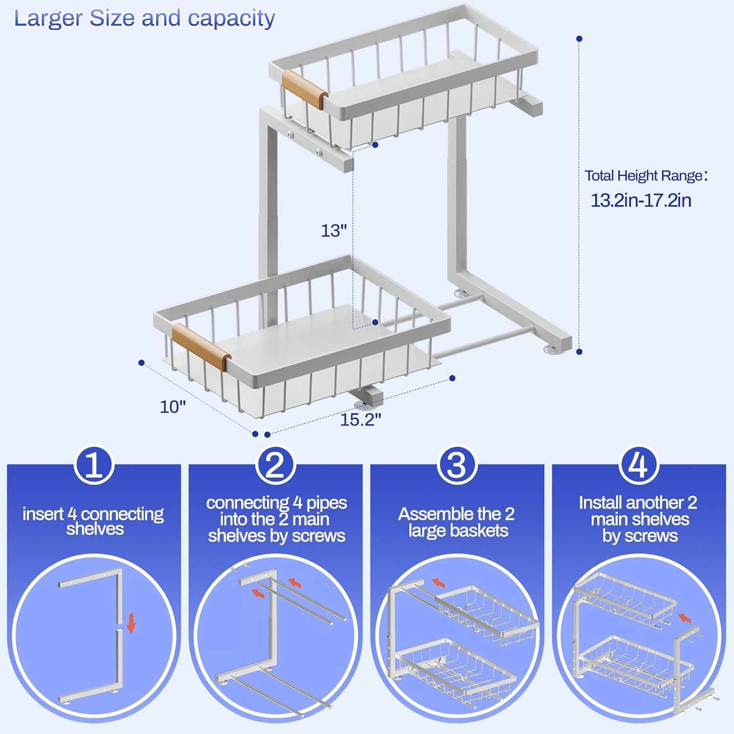 ADBIU Under Sink Organizer, 2 Pack 2 Tier Expandable Height (White, Large Size)