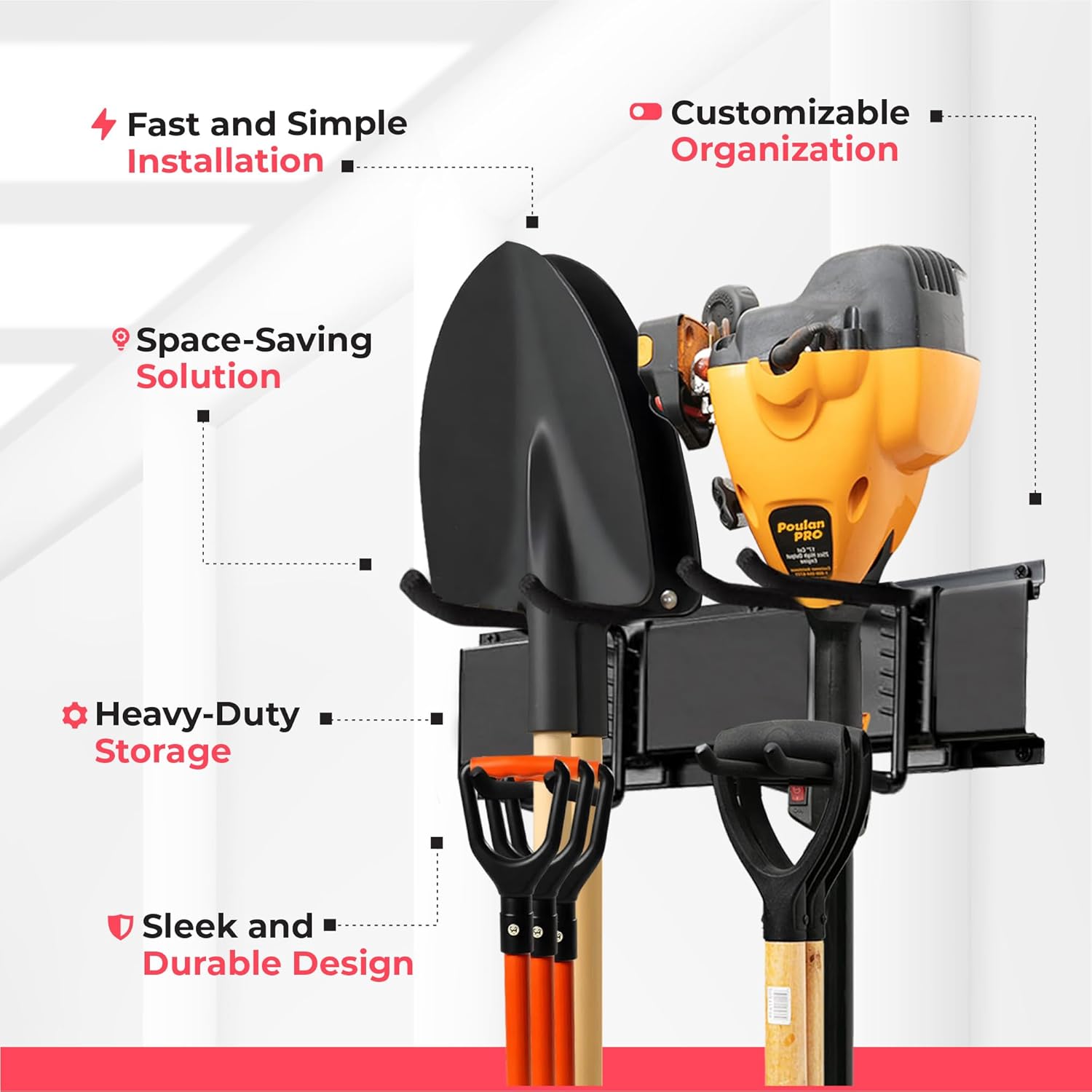 Garage Wall Organizer | 64" Heavy-Duty Tool Storage Rack | Adjustable Double-Layer Hooks | 400 lbs Capacity | Carbon Steel Wall Mount Holder for Shovels, Rakes, Ladders & Power Tools