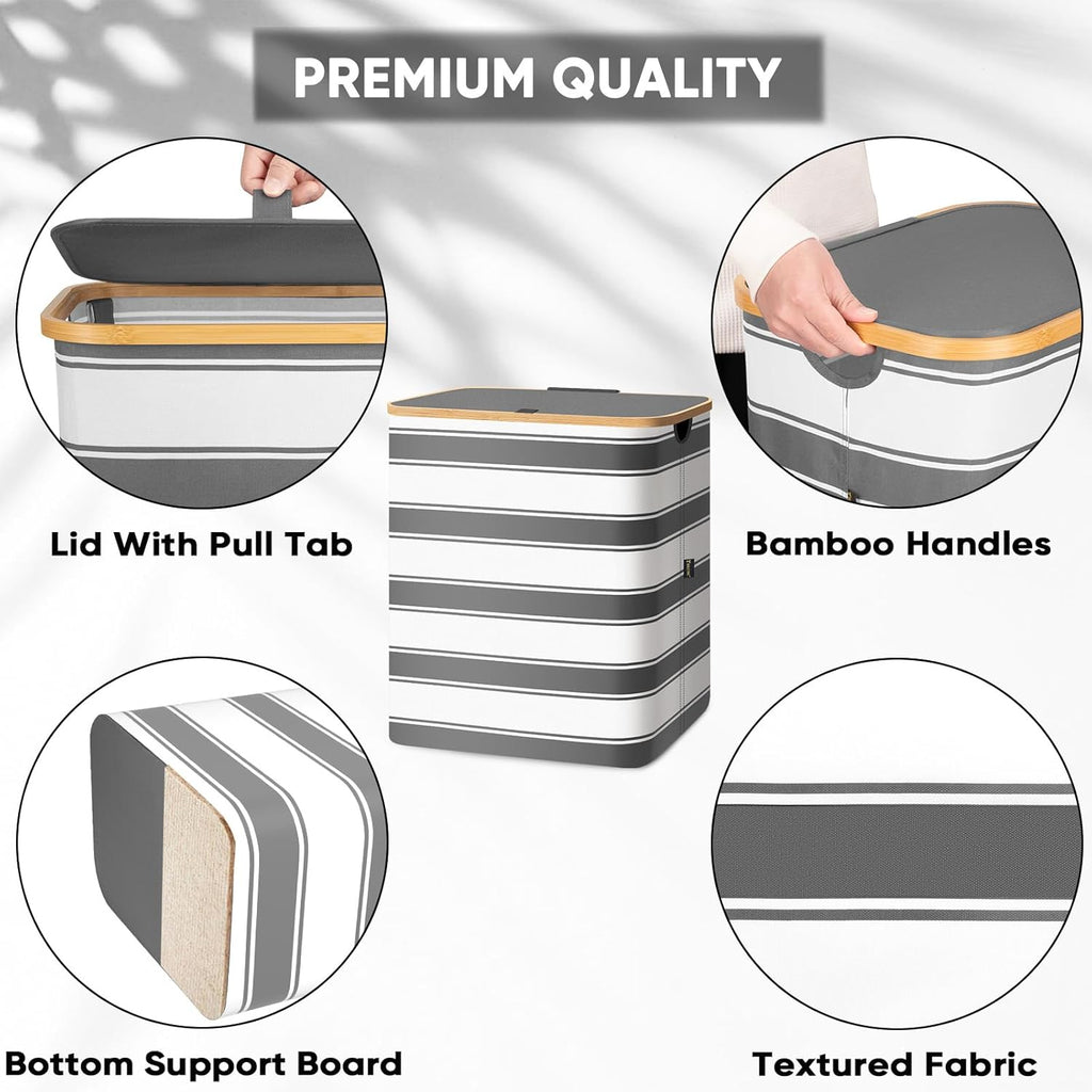 BALEINE Laundry Hamper with Lid, Tall Laundry Baskets with Bamboo Pull Handles, Large Laundry Bin with Internal Support (36 Gal/140L, Grey Stripe)
