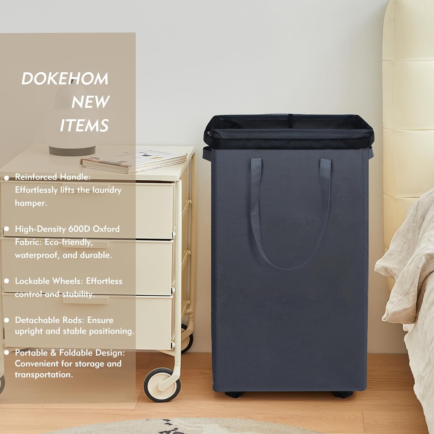 DOKEHOM 90L X-Large Laundry Basket with Removable Wash Bag on Wheels, Collapsible Rolling Laundry Hamper, Foldable Clothes Organizer, Folding Washing Bin (Grey)