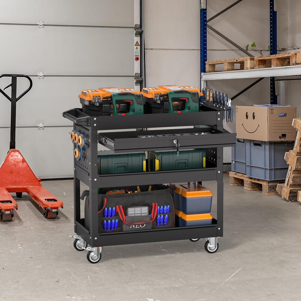 3 Tier Rolling Tool Cart on Wheels, Heavy Duty Service Cart Industrial Utility Cart with Drawer and Screwdriver Rack Pegboard, 550 LBS Mobile Tool Storage Organizer for Garage, Workshop(Black)