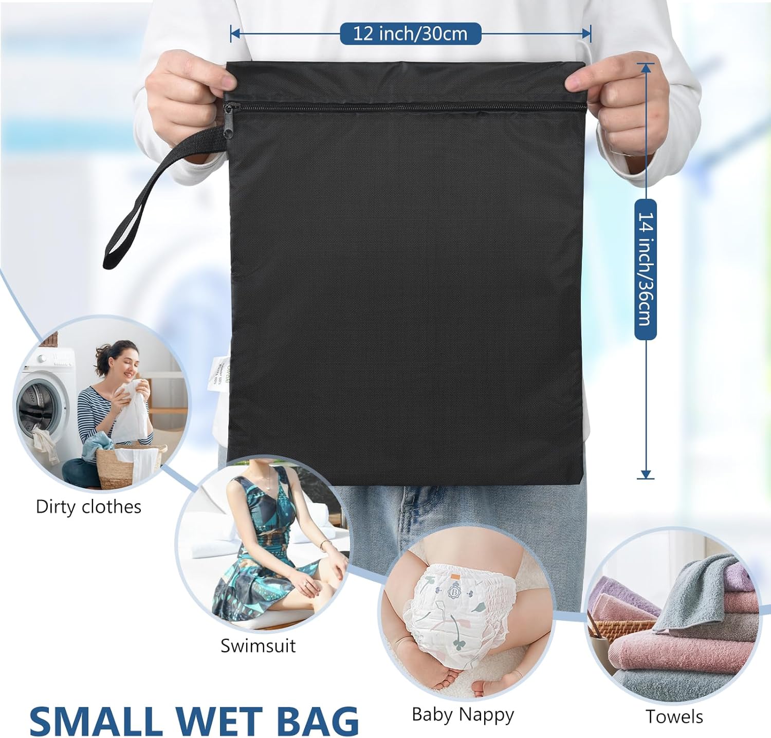 OTraki 2PCS Small Wet Bag for Swimsuit 12x14 Inch Wet Clothes Bag with Handle & Zippered Reusable Wet Dry Bag Waterproof Storage Bag for Beach Pool Yoga Gym, Black