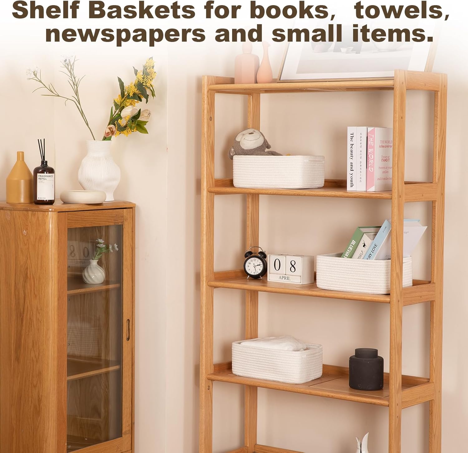3 Pack Small Storage Baskets for Organizing, Cute Woven Decorative Gift Baskets for Shelves, Mini Closet Organizer Bins with Handles, 11.81''Lx7.87''Wx4.72''H-White