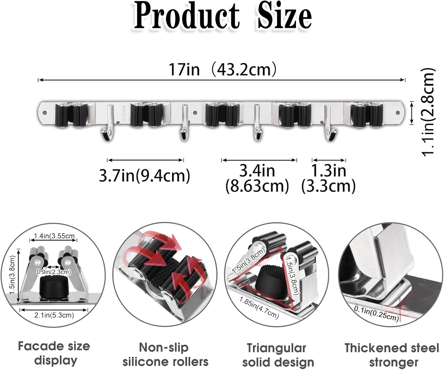 2 Pack Mop and Broom Holder Wall Mount, 5 Racks and 4 Hooks Broom Organizer Storage Tool Racks Stainless Steel Heavy Duty Hooks Self Adhesive Solid Non-slip for Home Kitchen Garden Laundry Garage