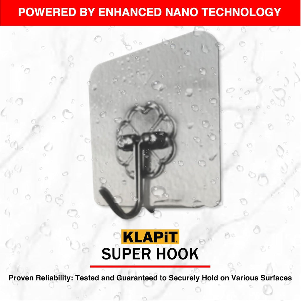 KLAPiT Super Hook - Heavy-Duty Adhesive Wall Hooks, Holds Up to 11 lbs, Waterproof, No Damage, Easy Install on Tile, Wood, Stone, Glass & Metal - Made of Steel (Clear, 4pc)