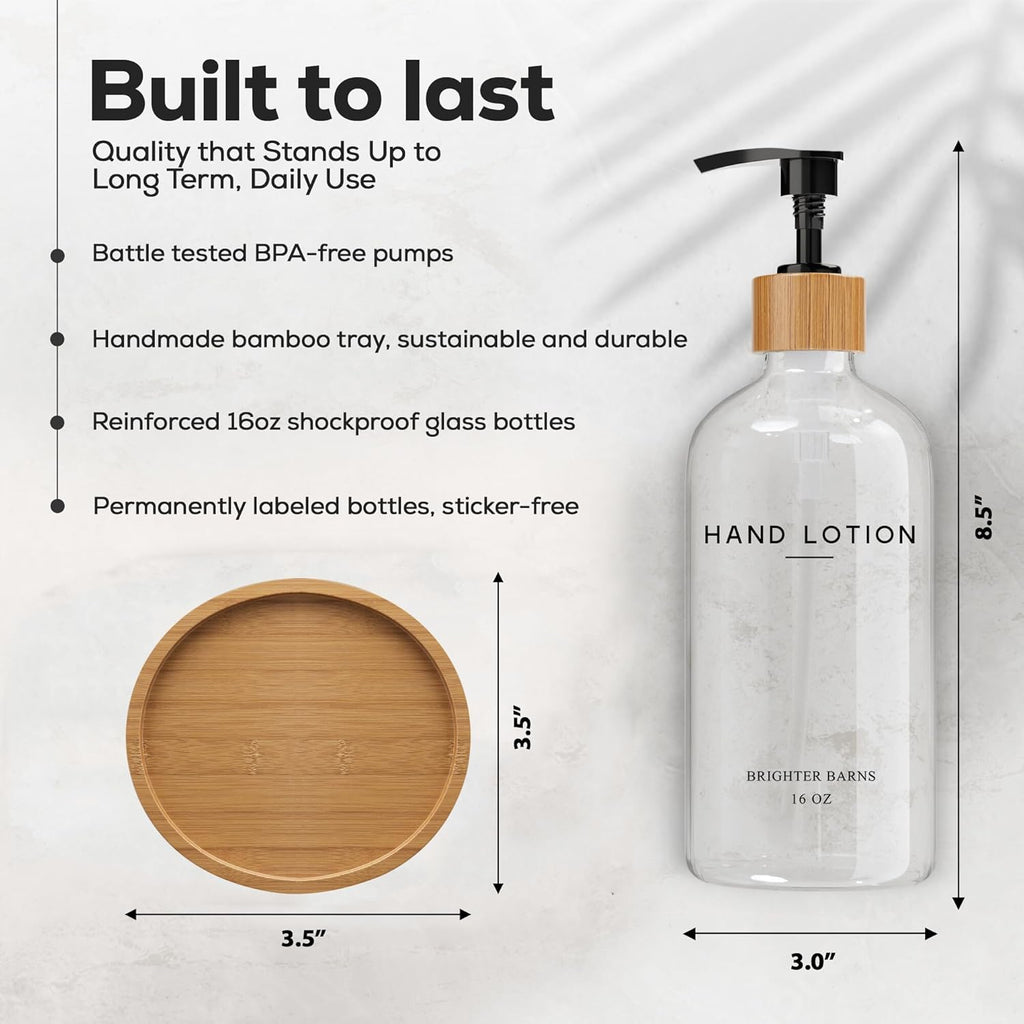 Glass Lotion Dispenser with Pump for Bathroom by Brighter Barns - Hand Lotion Dispenser Set with Tray - Boho Hand Cream Container for Bathroom, Neutral Home Decor in Bedroom, Lobby, Restaurant (Clear)