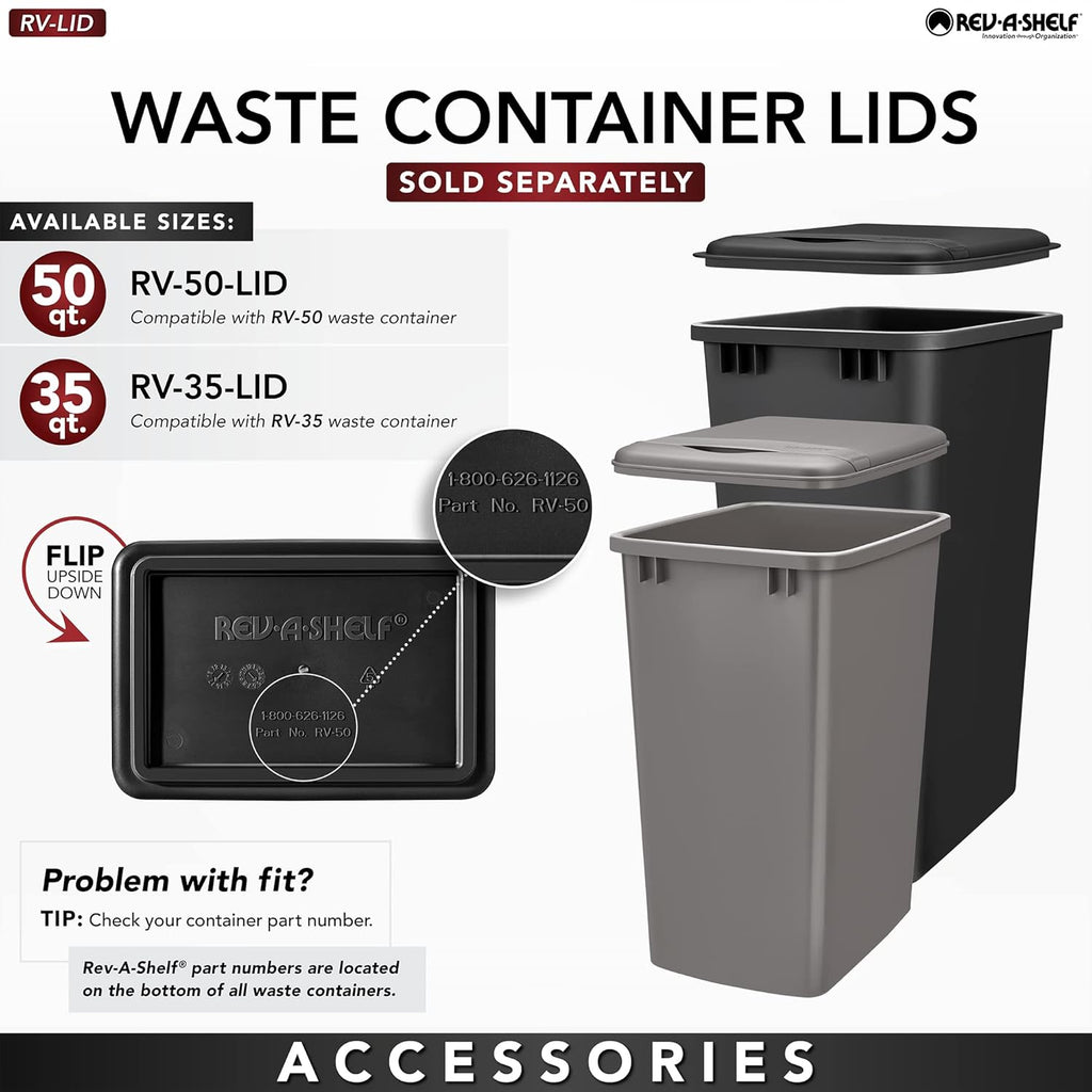 Rev-A-Shelf Pullout Trash Can for Kitchen Cabinet, Single 50 Qt Bin with 12" Wood Frame - Large Garbage Bin Container for Home Waste Storage and Recycling