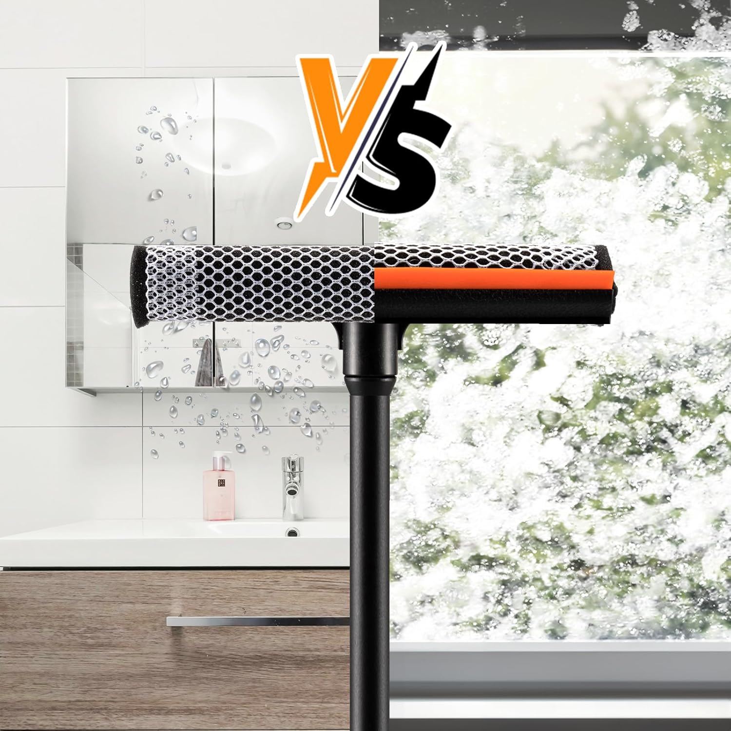 2 in1 Window Squeegee for Car, Window Cleaner with 16inch Long Handle,Sponge Car Window Squeegee for Gas Station, Glass,Shower,Outdoor High Window Cleaning