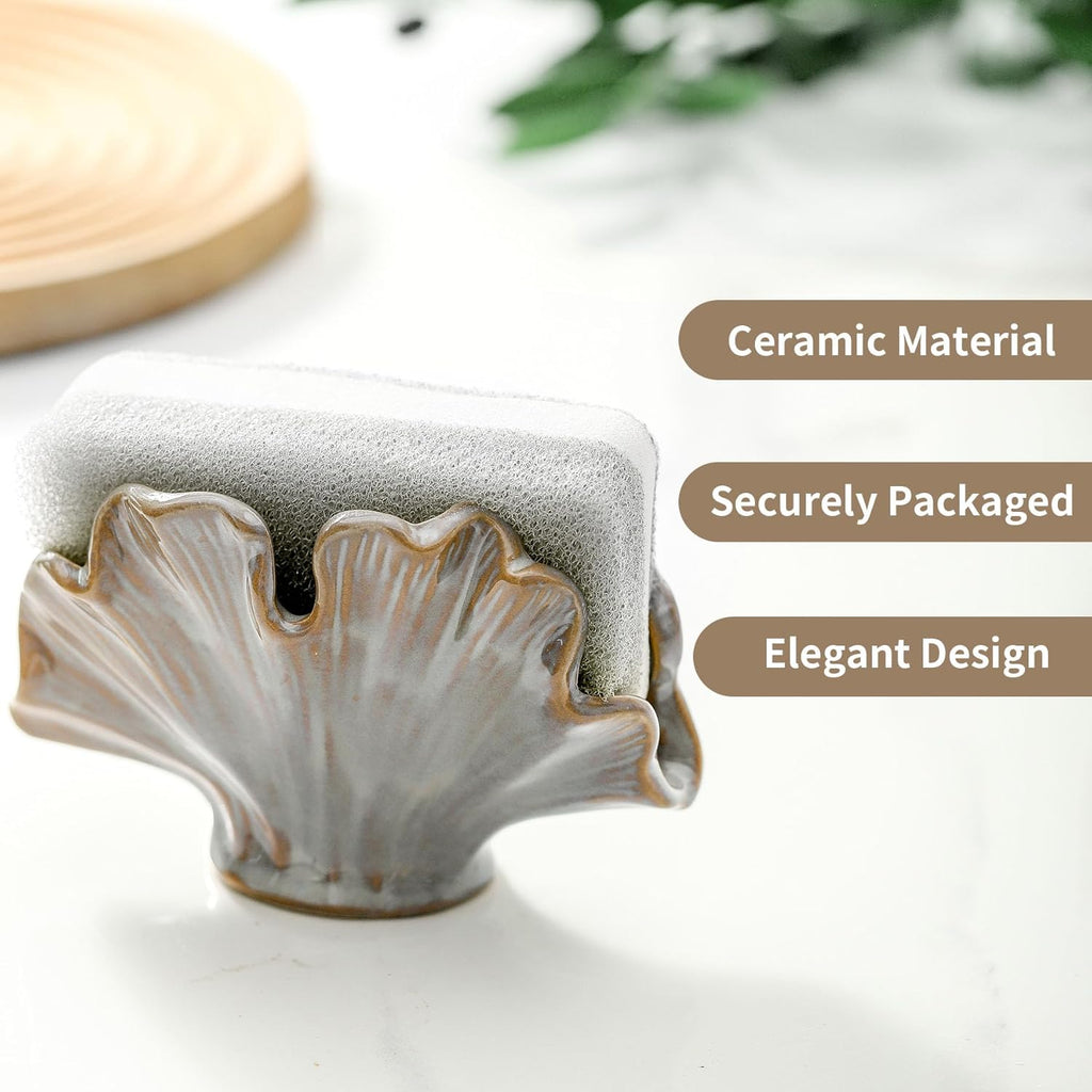 Ceramic Sponge Holder,Sponge Holder for Kitchen Sink,Compact Sink Caddy Organizer-Scouring Pad and Dish Holder,Farmhouse Kitchen Decor Cute Gadgets Accessories(Brown Grey)
