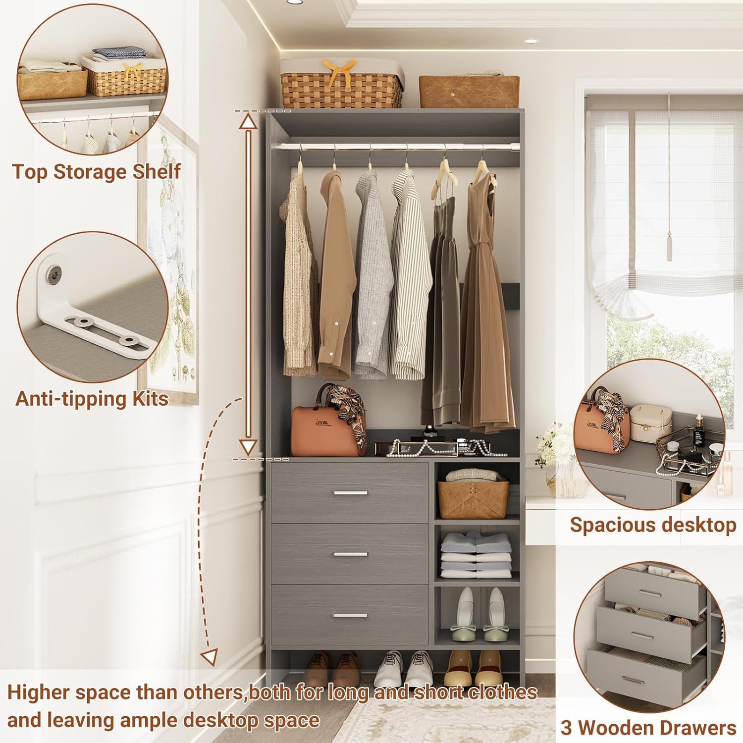 Aheaplus 2.5FT Closet System with 3 Drawers, 29.5’’ Closet Organizer, Wood Closet Organizer System, Walk-in Closet or Small Closets Wardrobe, Clothes Rack with Hanging Rods,-E6, Grey