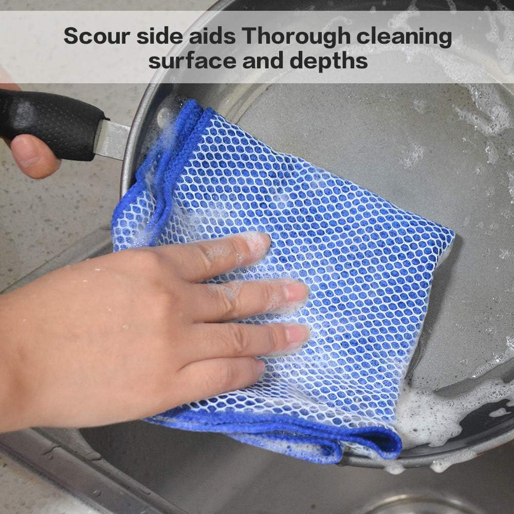 SINLAND Microfiber Dish Cloth for Washing Dishes Best Kitchen Washcloth Cleaning Cloths Poly Scour Side 12inchx12inch 5 Pack (Blue+White+Grey+Brown+Black)
