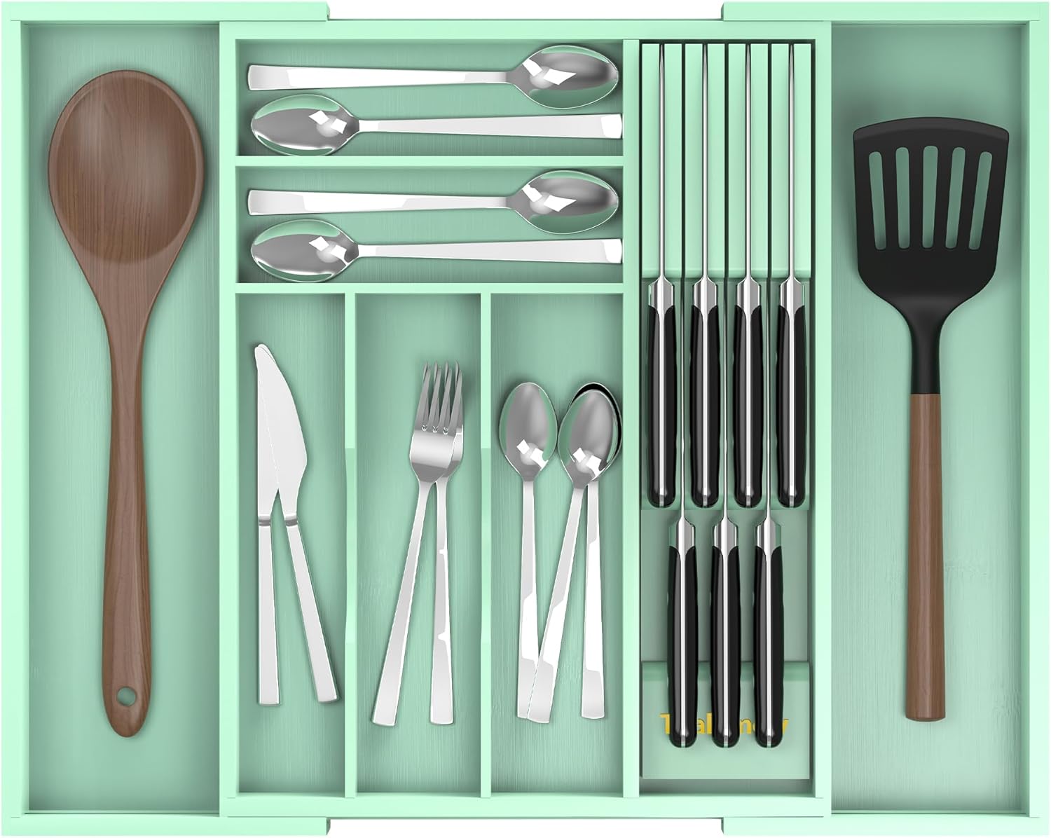 Bamboo Kitchen Drawer Organizer, Expandable Utensil Organizer with Removable Knife Block, Cutlery Tray Holder with Divider, Adjustable Silverware Organizer, Cyan
