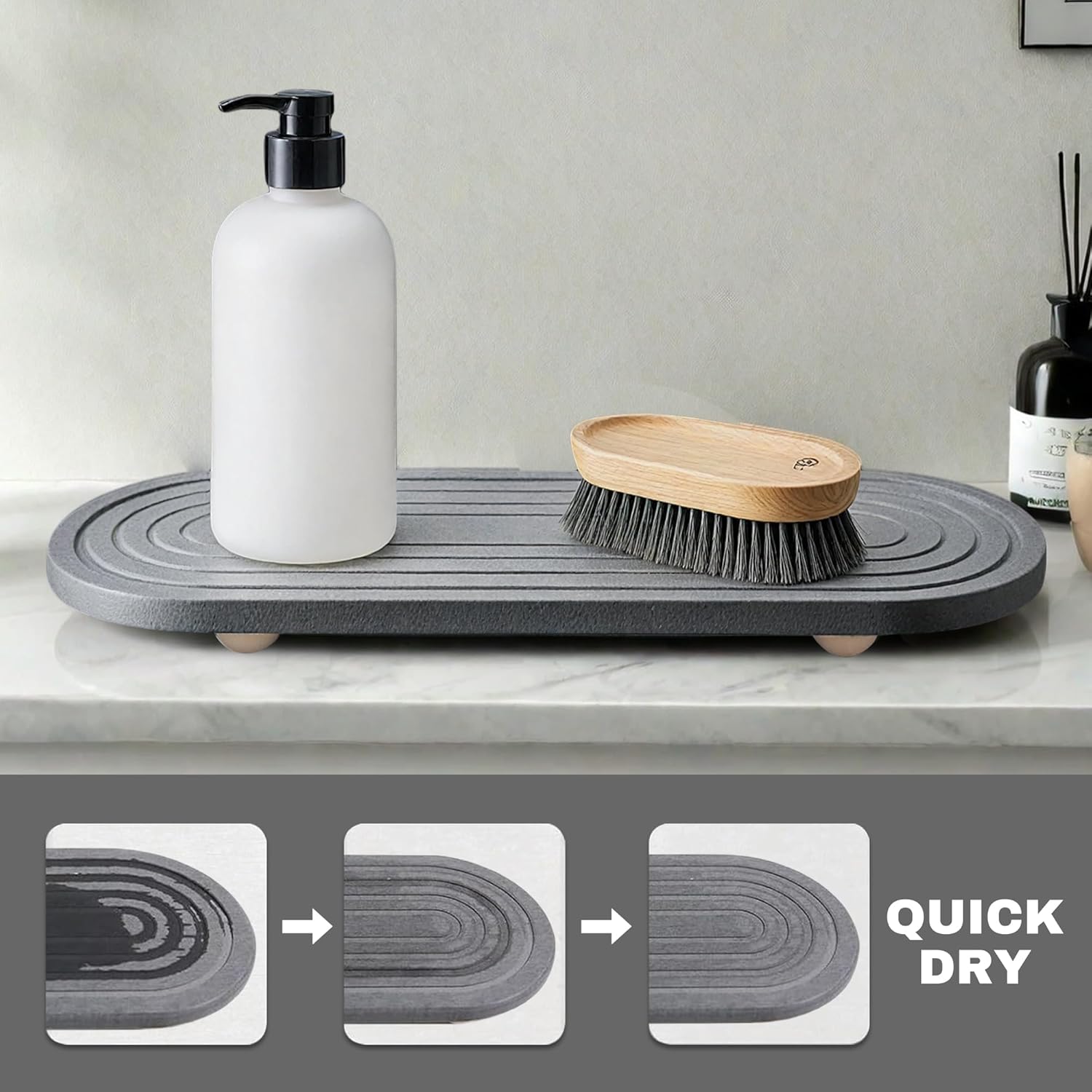 Instant Dry Sink Caddy Organizer, Fast Drying Sink Caddy, Water Absorbing Stone Sponge Holder for Kitchen and Bathroom Countertop with Natural Loofah and Wooden Feet