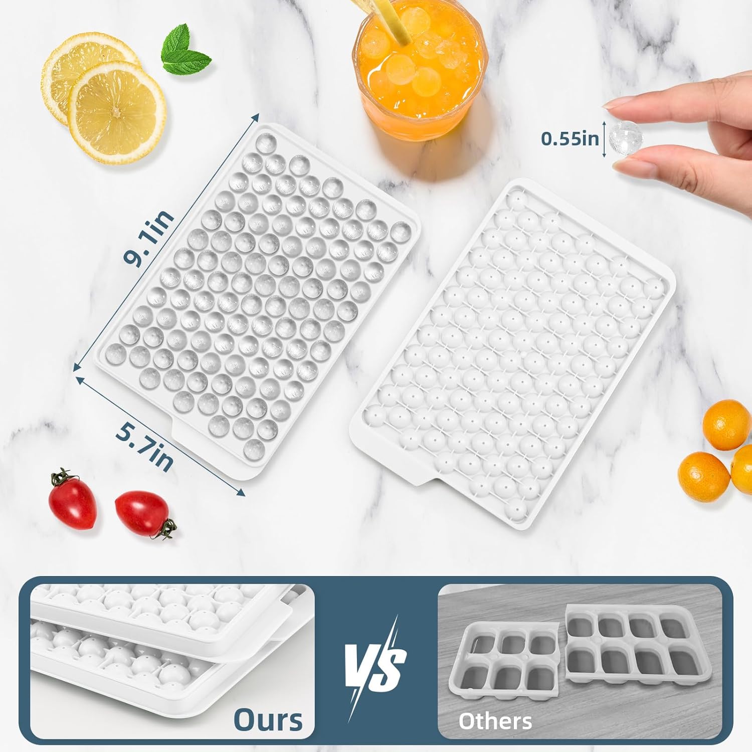 WIBIMEN Mini Ice Cube Trays, Small Tiny Round Pebble Crushed Nugget Ice Trays for Freezer with Lid - Chilling Drinks Coffee Juice(4 Pack/0.55In - White)