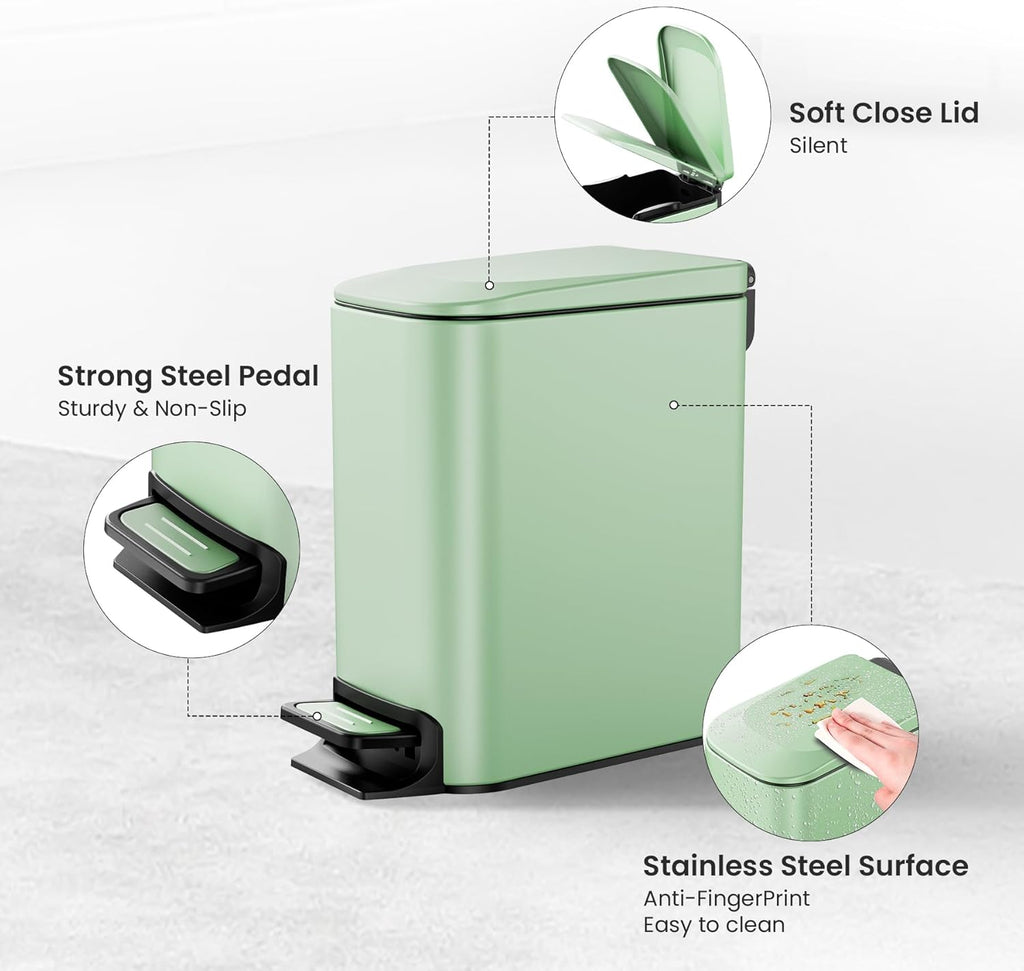 Cesun Small Bathroom Trash Can with Lid Soft Close, Step Pedal, 6 Liter / 1.6 Gallon Stainless Steel Garbage Can with Removable Inner Bucket, Anti-Fingerprint Finish (Matt Green)