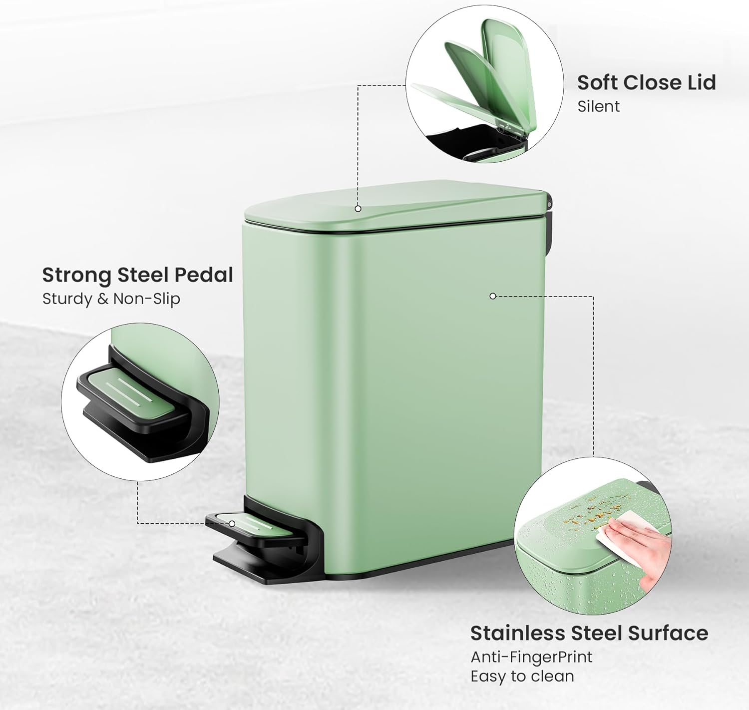 Cesun Small Bathroom Trash Can with Lid Soft Close, Step Pedal, 6 Liter / 1.6 Gallon Stainless Steel Garbage Can with Removable Inner Bucket, Anti-Fingerprint Finish (Matt Green)