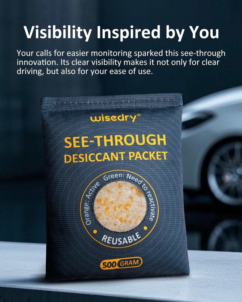 wisedry 4 x 500 Gram See-Through Silica Gel Packets, Color-Indicating Desiccant Packs for Storage, Reusable Safe Dehumidifier, Heat Resistant Dehumidifier Bags