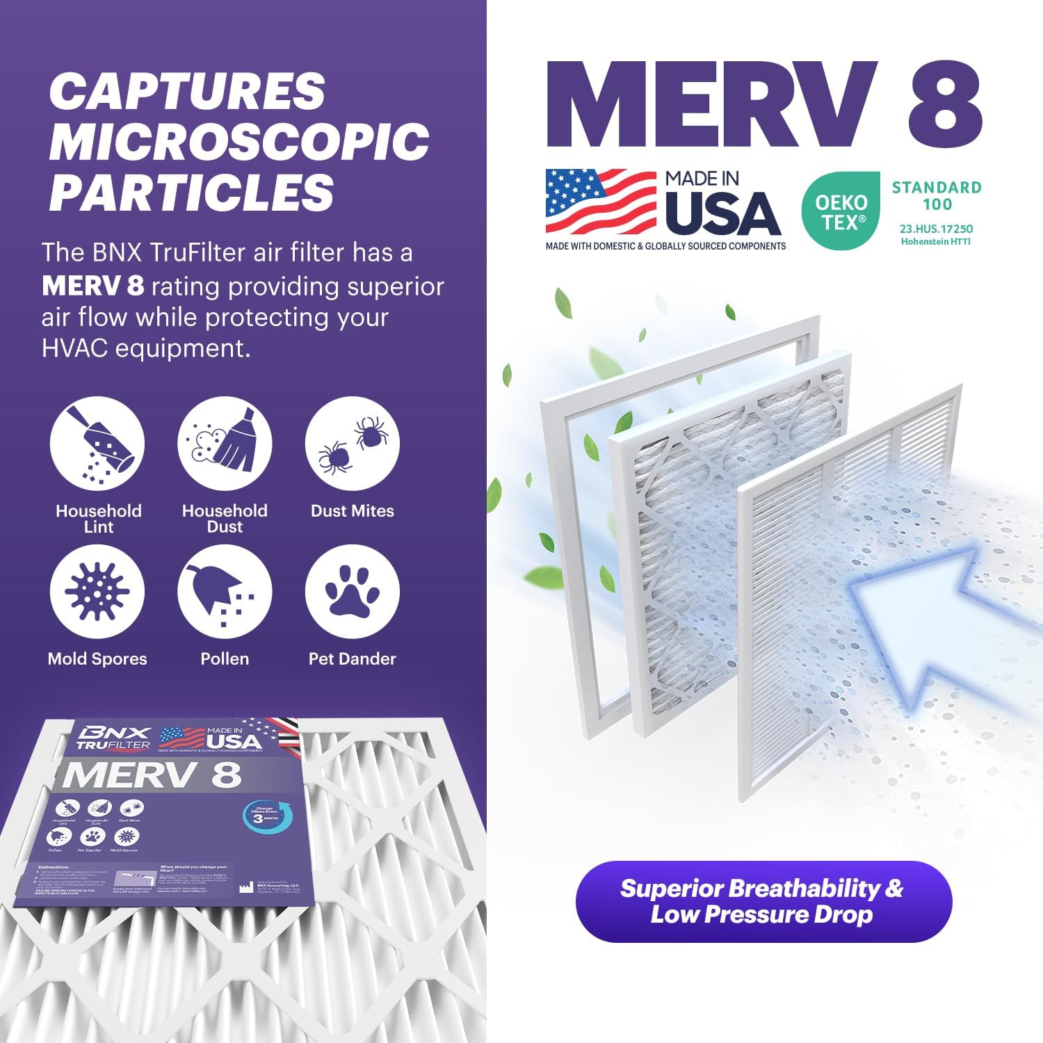 BNX TruFilter 16x25x2 Air Filter MERV 8 (4-Pack) - MADE IN USA – Dust & Pet Defense Electrostatic Pleated Air Conditioner HVAC AC Furnace Filters for Dust, Pet, Mold, Pollen MPR 600 – 700 & FPR 5