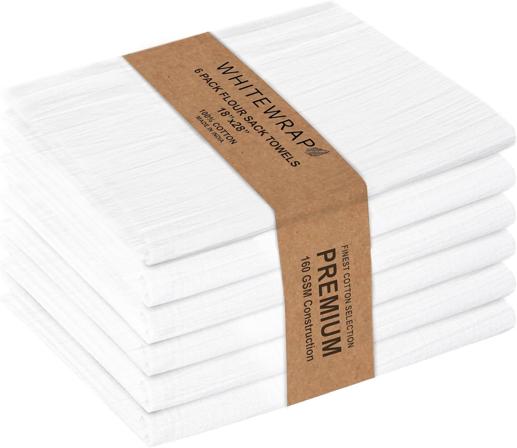 Flour Sack Towels| Tea Towel for Crafts| Kitchen Dish Cotton Blank Towel for Embroidery|Baking Bread Proofing Linen Cover| Thick Absorbent Quick Dry| 6 Pack 18"x28" White