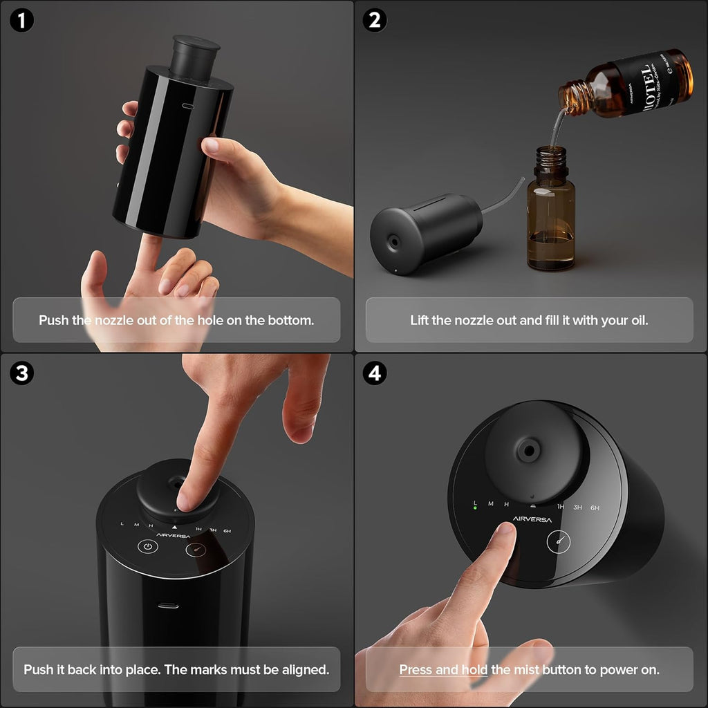Airversa Waterless Essential Oil Diffuser Starter Kit with 4 x 10mL Fragrance Scent Oil, Battery Operated Mini Scent Air Machine Portable Diffuser for Home Car Office, AN6 Black Kit01