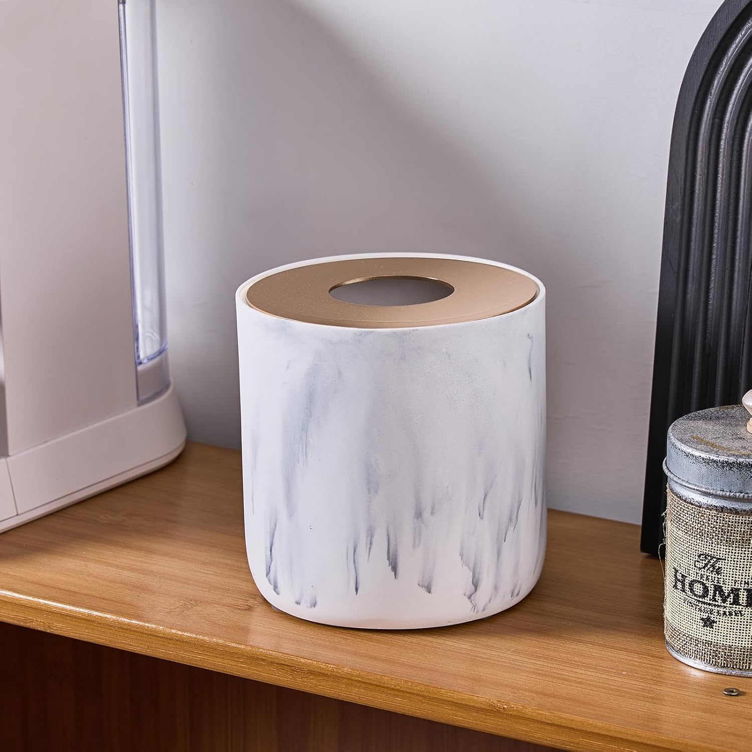 White Marble Textural Mini Trash Can with Rose Gold Stainless Steel Lid, Small Countertop Trash Can for Bathroom Kitchen,Desk Trash Can,Table top Mini Garbage Cans,Resin Tiny Waste Basket for Vanity