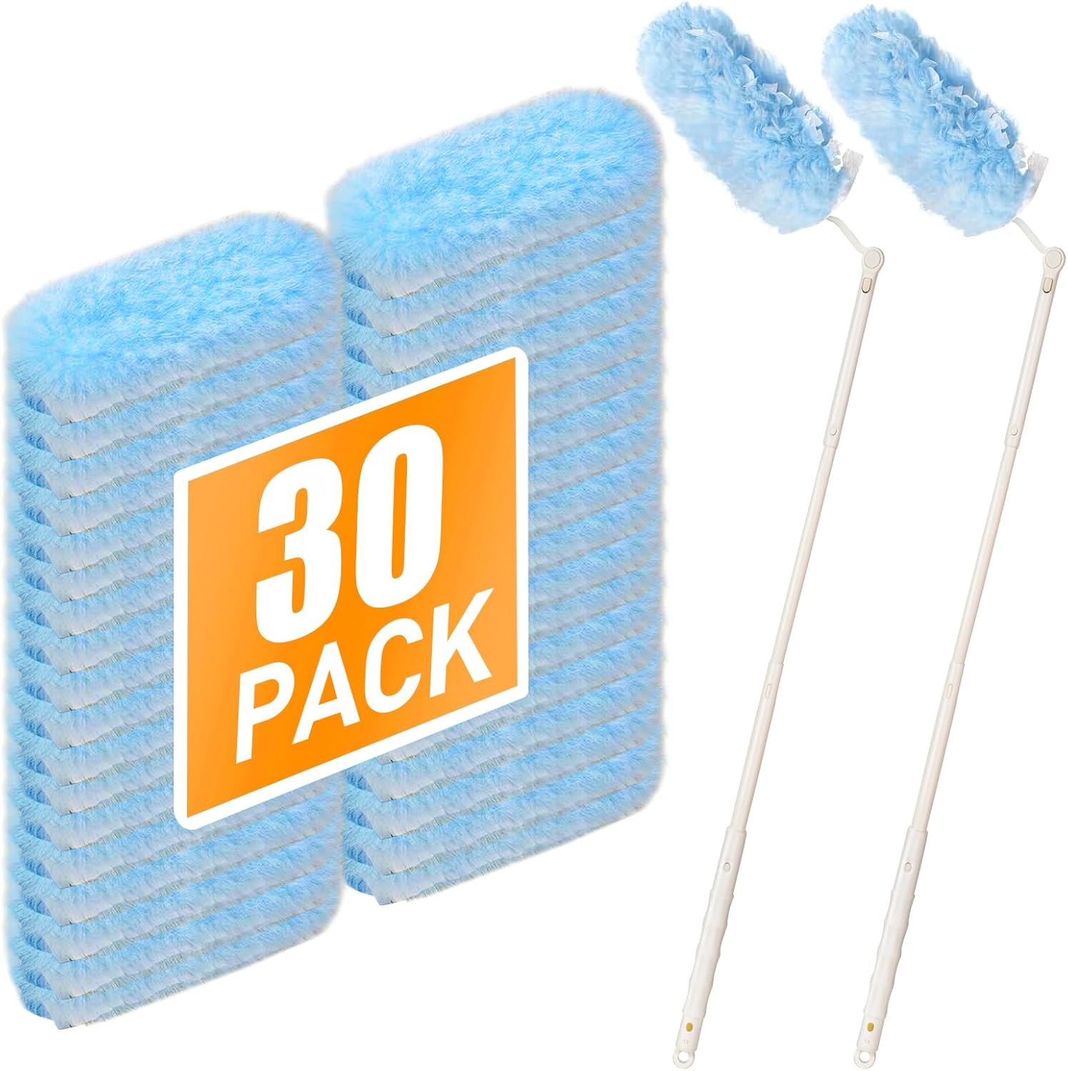 Heavy Duty Duster Refills for Swiffer Dusters, 360° Multi-Surface Microfiber Duster Refills with 2.5 ft Extended Handle, Unscented Disposable Feather Dusting Kit (30 Count Refills, 2 Handles)