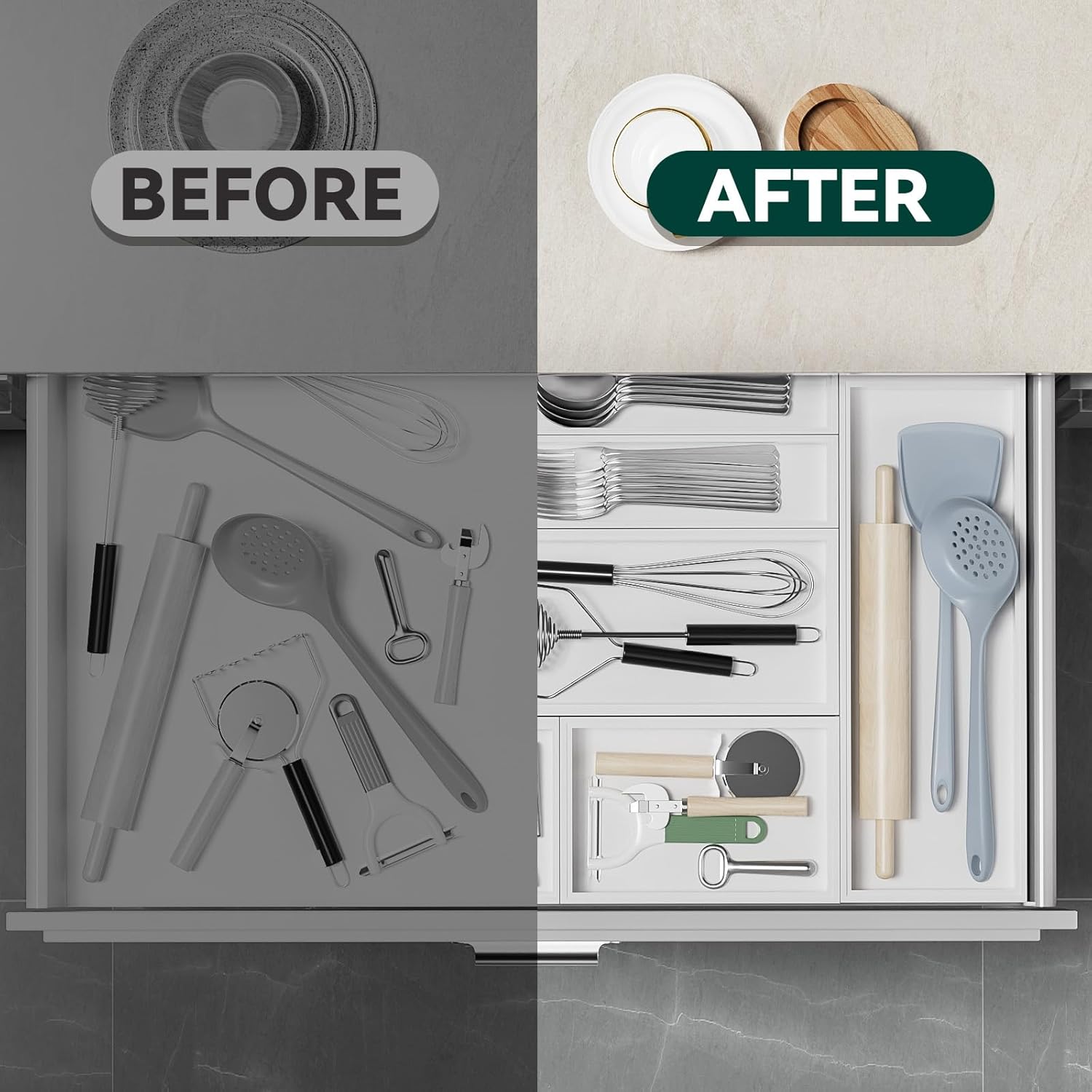 Kitchen Drawer Organizer - 2 Pack, Stackable Bamboo Drawer Organizers, Wooden Storage Box Tray for Cabinet, Pantry, Bathroom Countertop, Multi-use Organization and Storage (White)