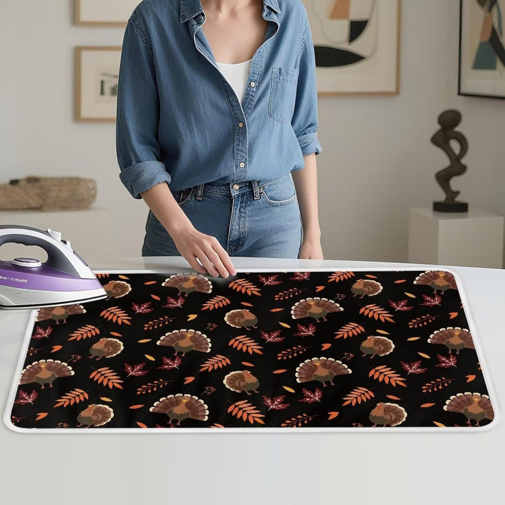 Cute Ironing Mat for Table top Washer,Dryer,Countertop,Turkey Portable Iron Pad Blanket for Washer Dryer Countertop Travel 32 x 16 Inch Thanksgiving Small Ironing Pads, Black