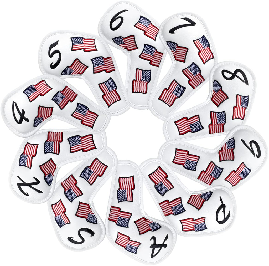 US Flag Golf Iron Covers Headcovers - 10pcs Patriotism Golf Club Covers for Irons - White Synthetic Leather Golf Iron Wedge Head Covers fits for PXG, Taylormade, Mizuno JPX MP, Etc.