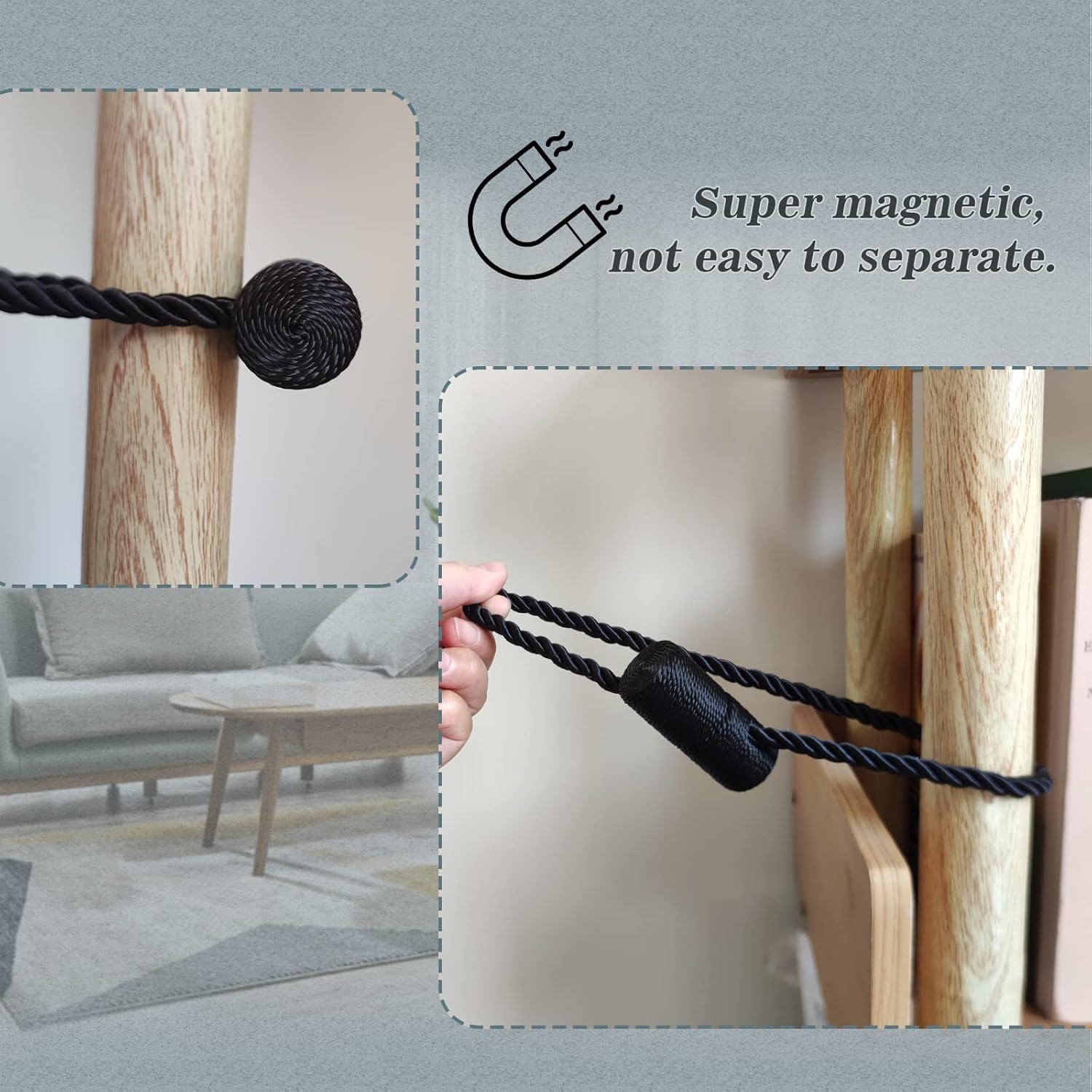 Hion Magnetic Curtain Tiebacks Black 6 Pack, Curtain Tiebacks Buckles Holdbacks Holders Hooks Clip for Home Bedroom Office Decorative Thick or Thin Curtain