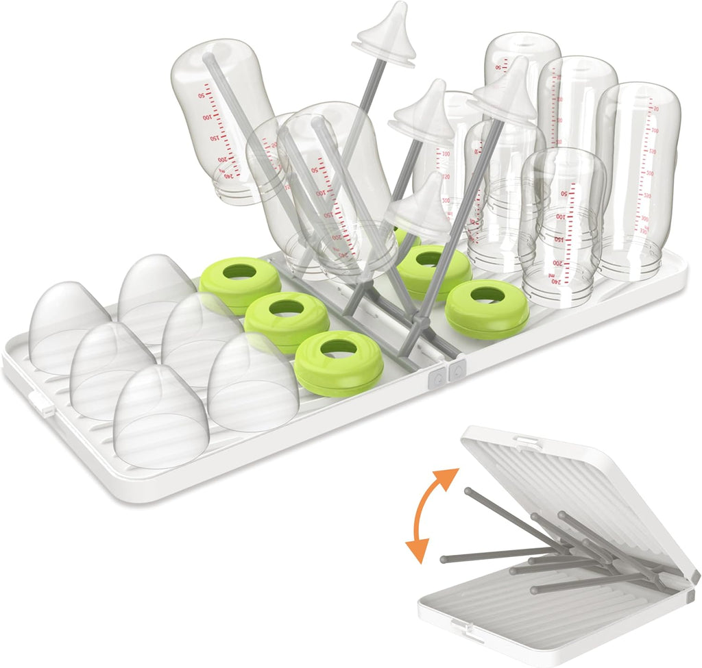 YOTIME Baby Bottle Drying Rack with Drainer, Foldable & Space Saving Drying Rack for Baby Bottles, Nipple and Accessories, White