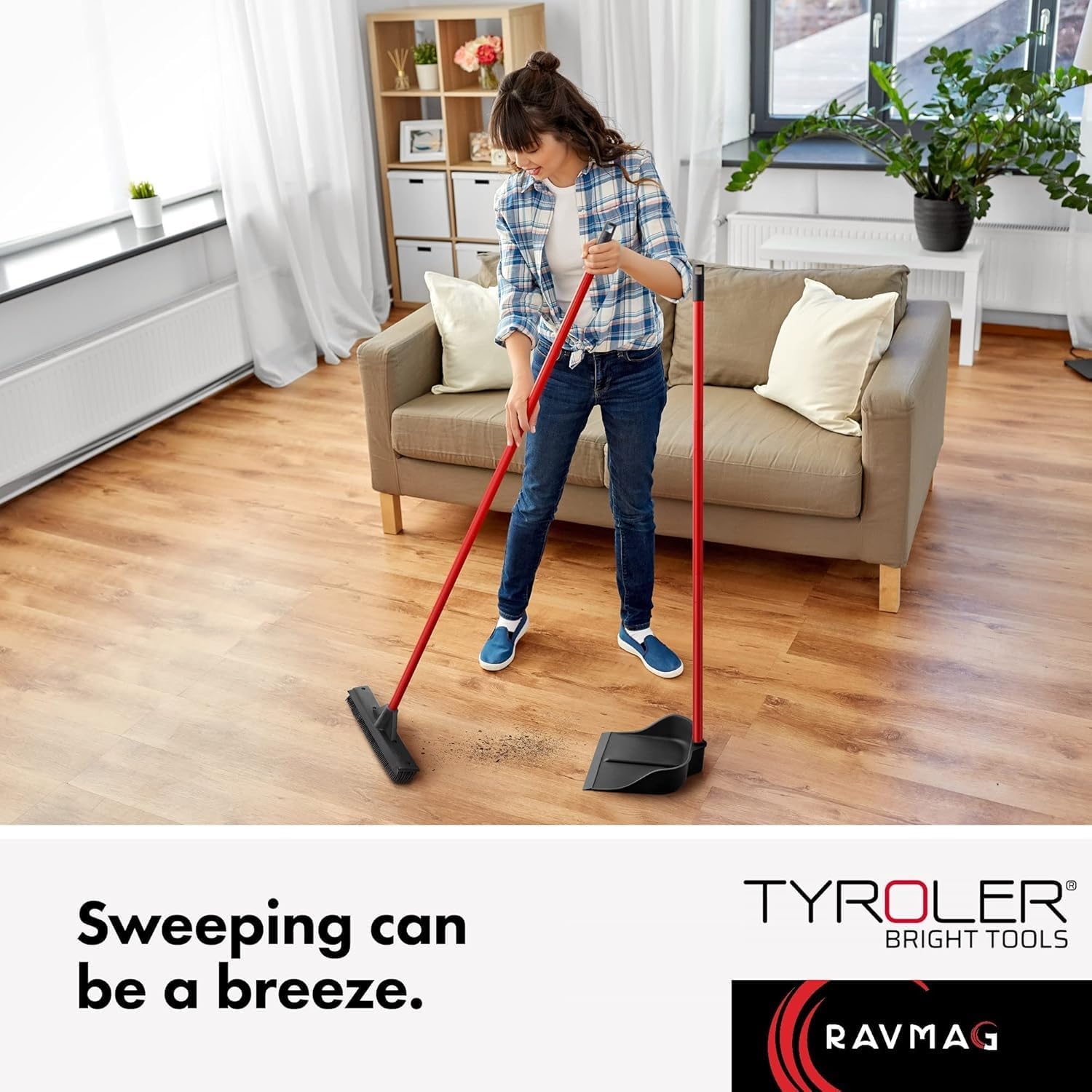 Dustpan with Handle by Ravmag- Solid Natural Rubber Construction- 29” Long Handled Dust Pan- Stand Up Design- Accommodates Any Broom/Hand Brush- Best Dustpans for Home (2 Piece Long Handle)