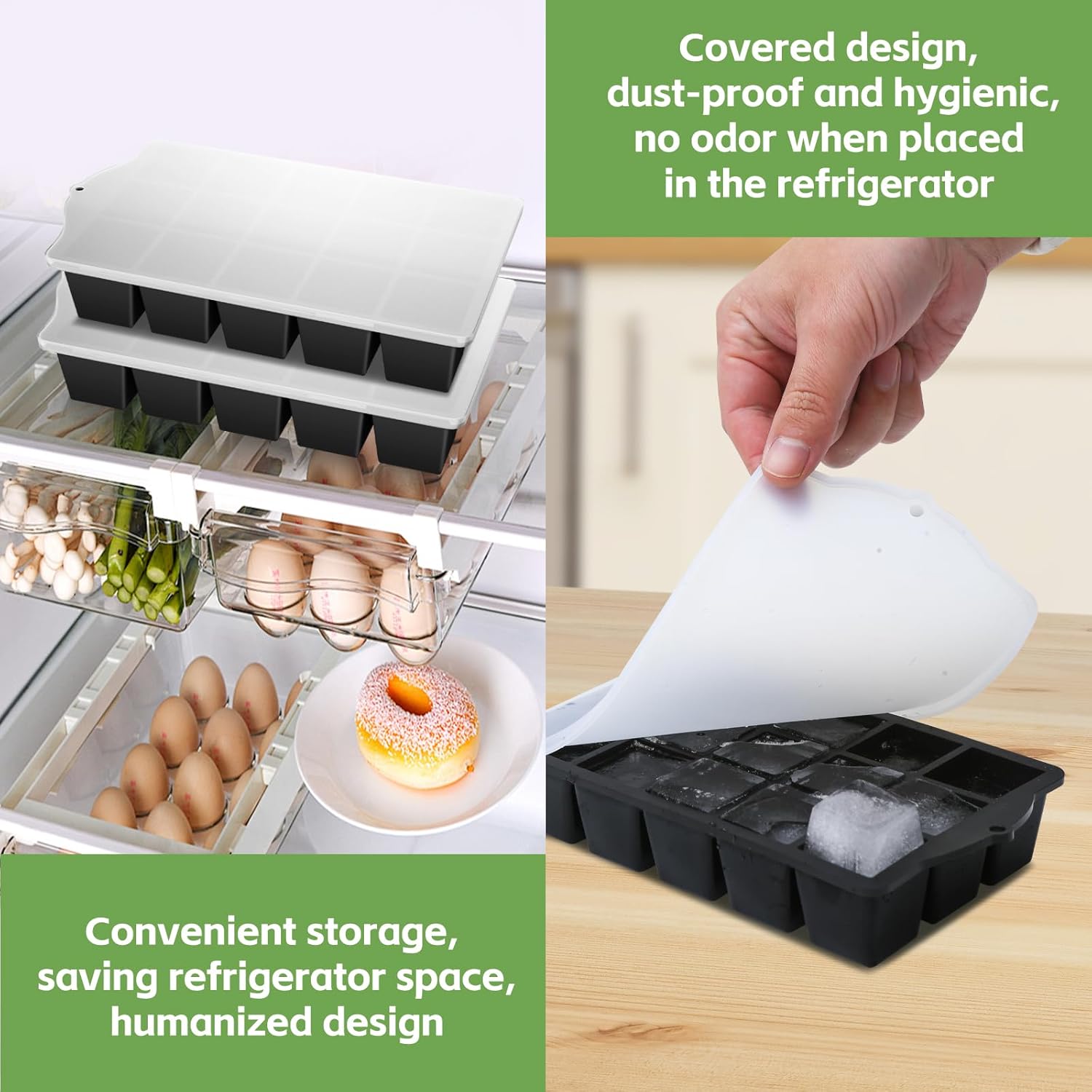 Silicone Ice Cube Tray, 2 Pack Easy-Release Stackable Ice Trays for Freezer with Lid 15 Reusable Cubes, Food Grade BPA Free Ice Molds for Whiskey, Baby Food, Coffee, Cocktail, Drinks (Black)