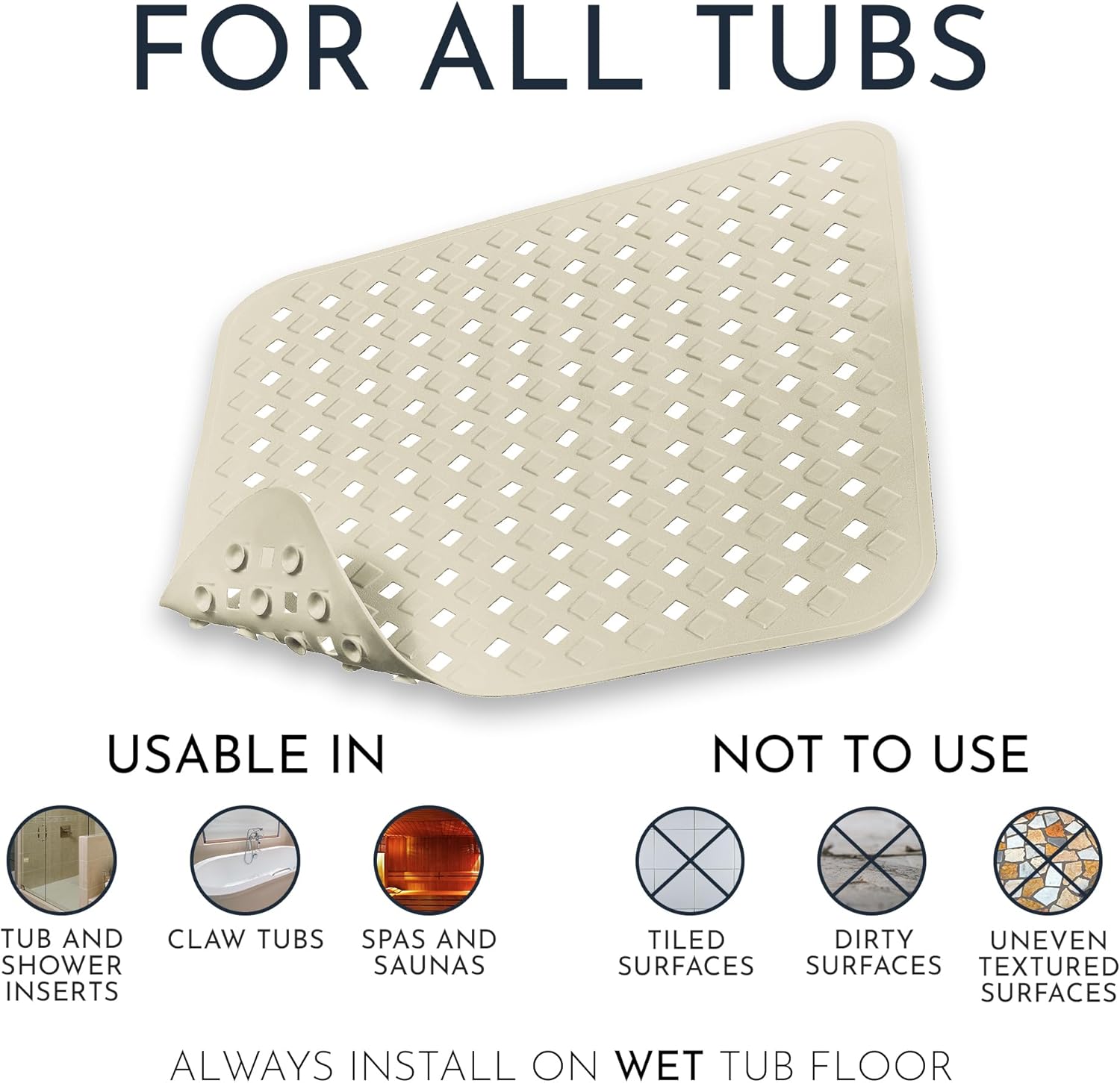 Homerella Anti Slip Shower Mat | Anti Mold Non Slip Bathtub Mat for Inside Shower | Square Floor Shower Mat 21 x 21 inch with Suction Cups for Grip & Hooks Hanging and Quick Drying | Machine Washable